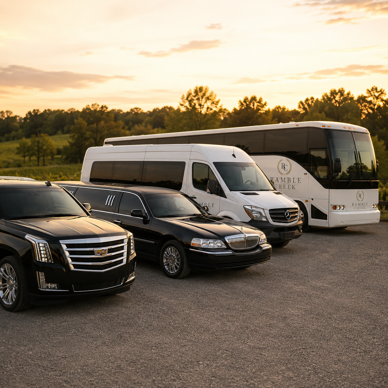 Luxury wedding transportation fleet featuring a black SUV, stretch limousine, executive passenger van, and charter shuttle bus, showcasing custom charter options available through Ramble Creek wedding venue in Tennessee