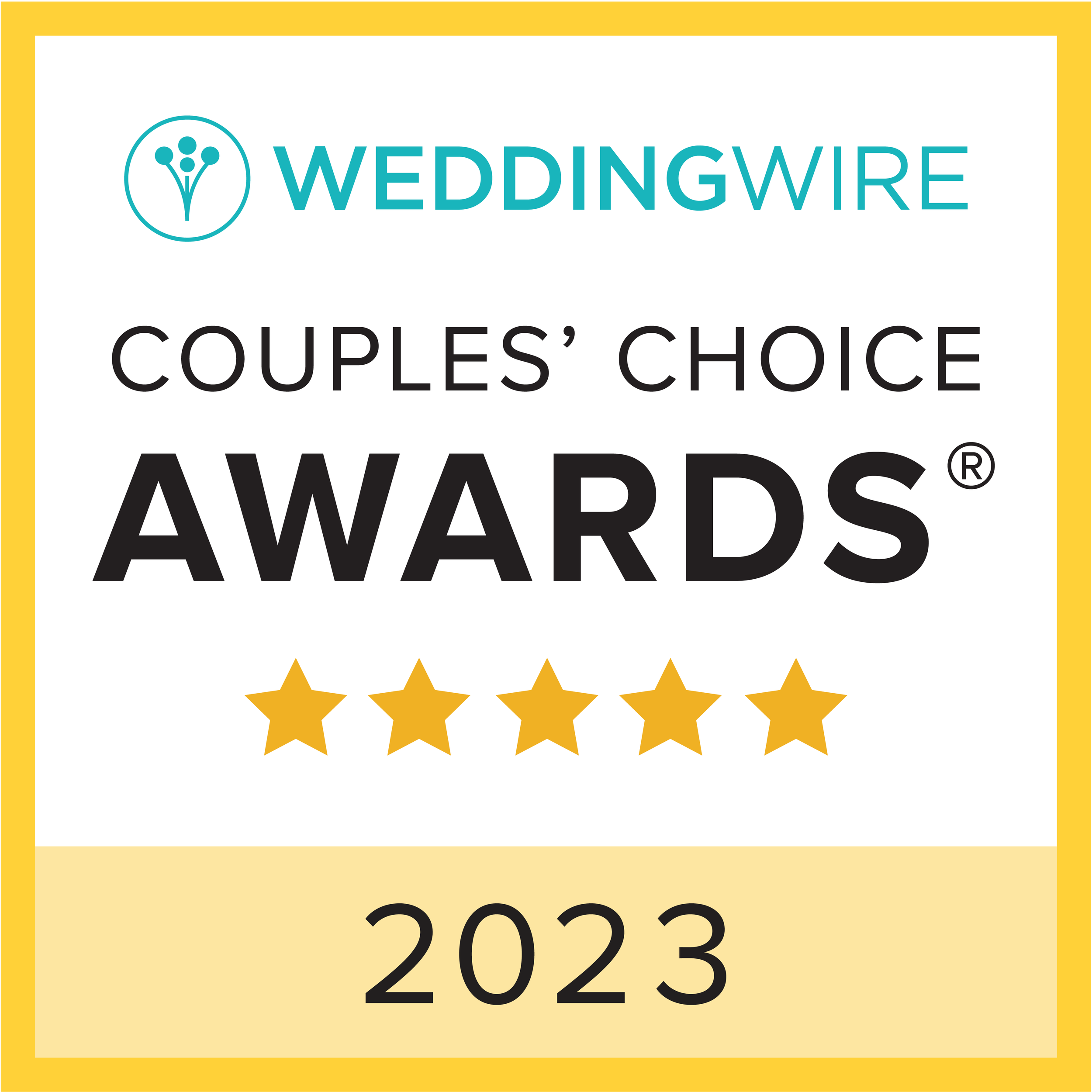Gold and black award badge with five gold stars at the bottom and the year 2023 written in black.