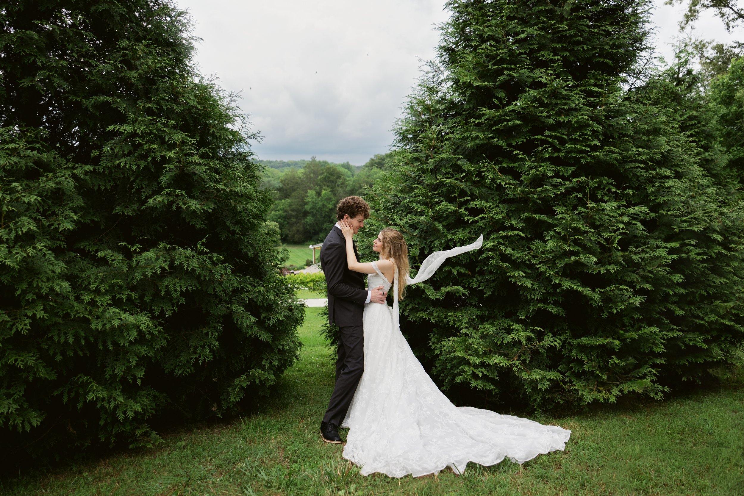 Bride and groom share a romantic portrait between lush evergreens above Ramble Creek, with the vineyard and Tennessee countryside behind them