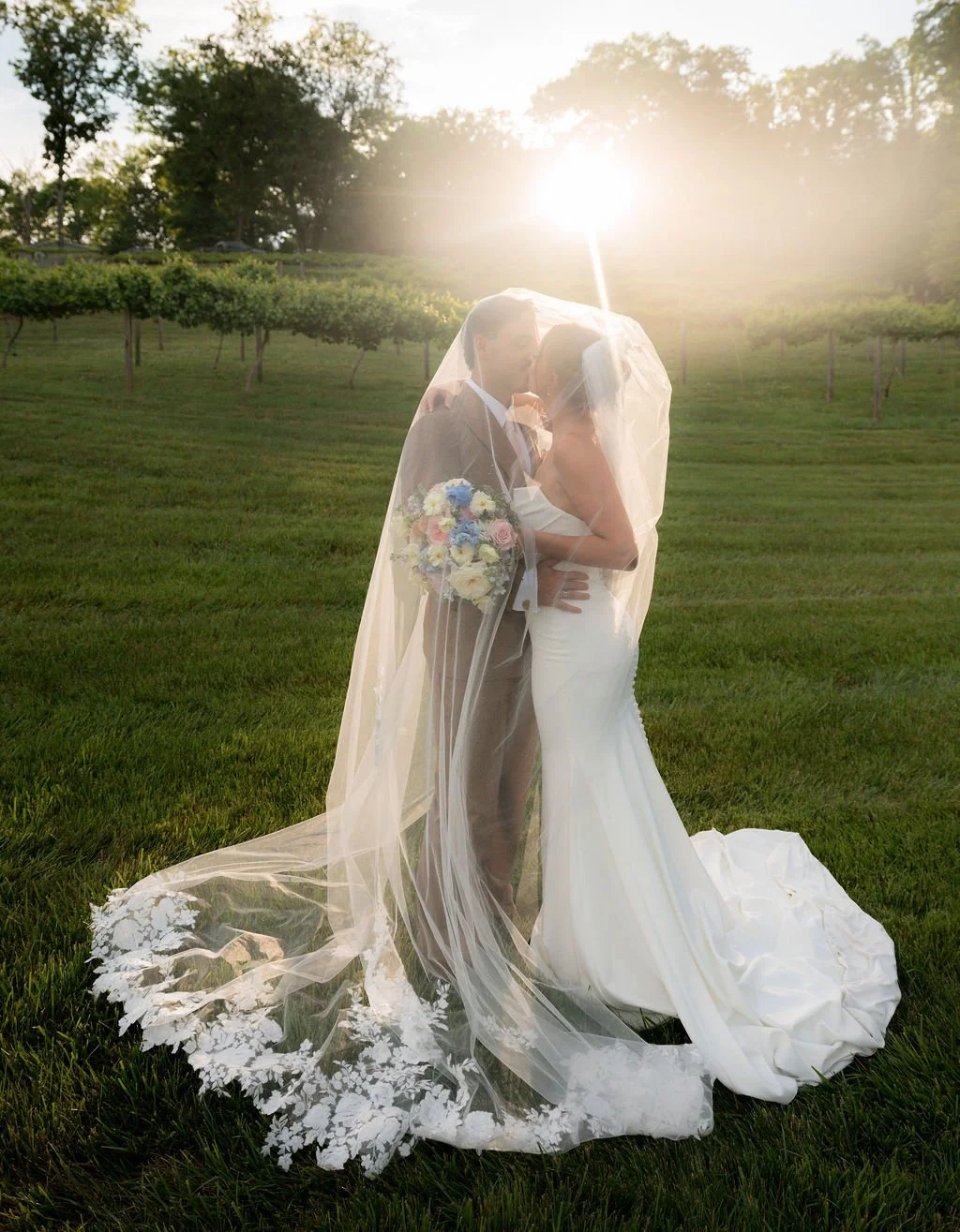 Bride and groom kissing under a flowing veil in Ramble Creek’s vineyard at golden hour during a romantic spring wedding in Tennessee.