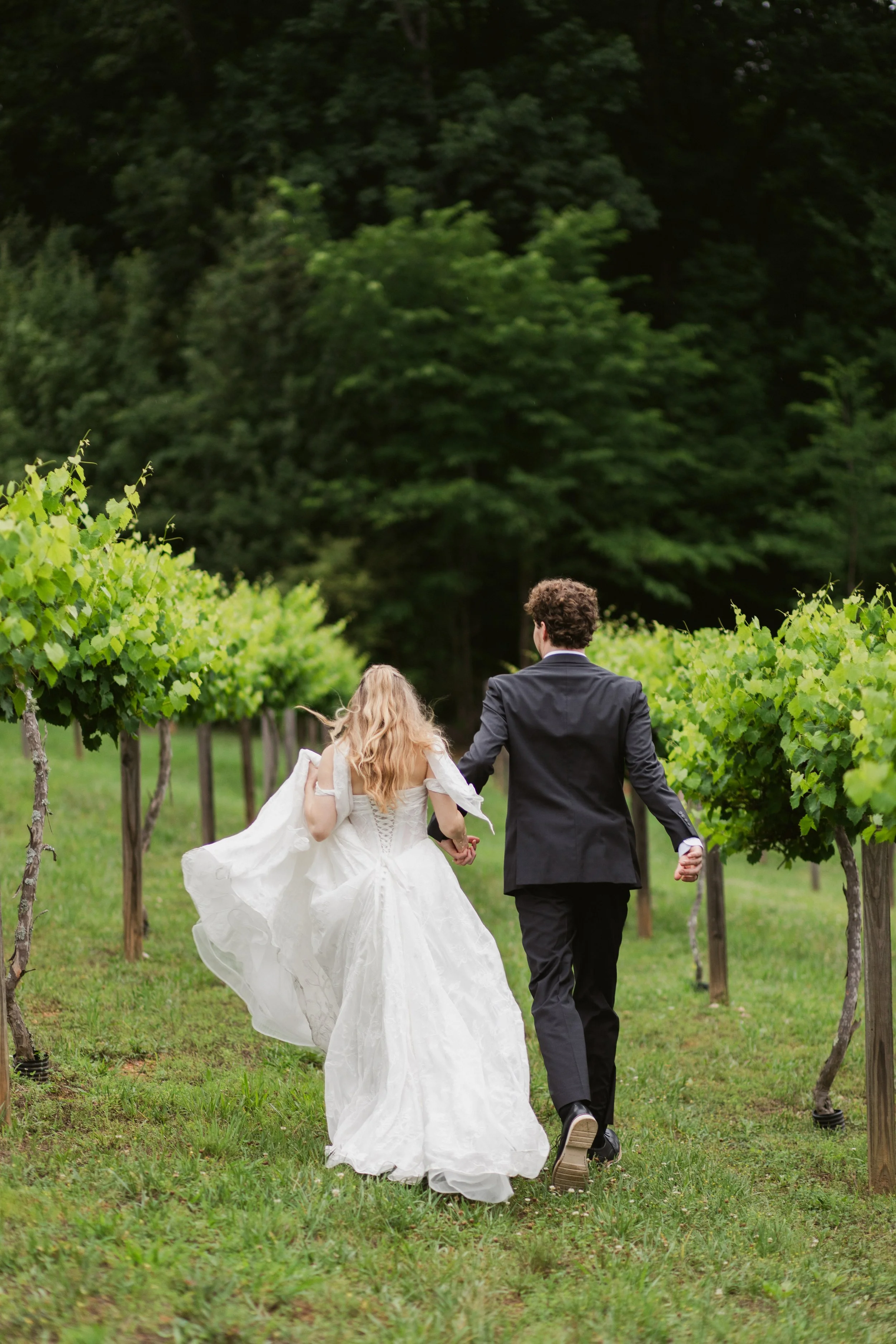 Bride and groom holding hands and running through a vineyard, surrounded by lush green grapevines and forest scenery on their wedding day at Ramble Creek in East TN