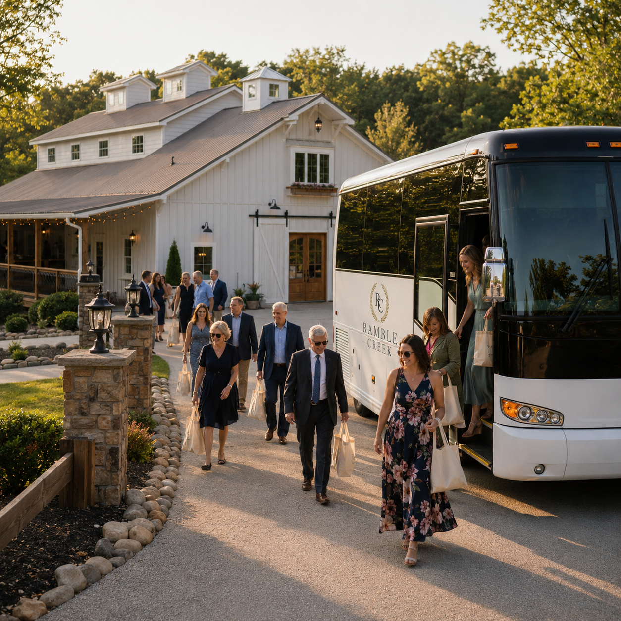 Wedding guests arriving by luxury shuttle bus at Ramble Creek wedding venue in Tennessee, walking along the front entrance driveway as they head toward the ceremony and reception