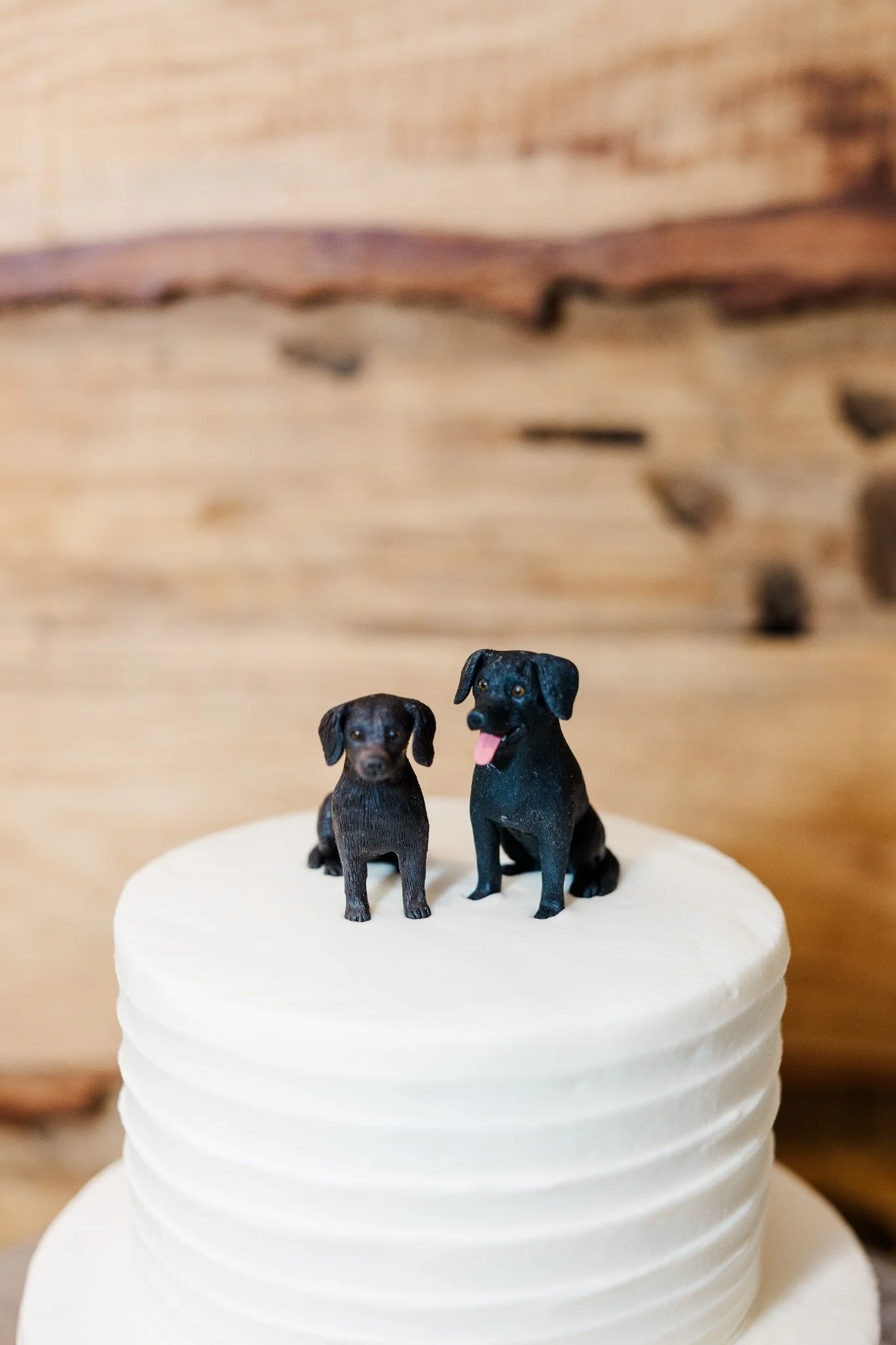 White wedding cake with custom black dog cake toppers at Ramble Creek wedding venue in Tennessee.
