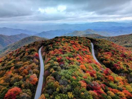 The Cherohala Skyway curves through ridges ablaze with autumn color, with blue mountain ranges fading into the distance beneath a cloud-filled sky.
