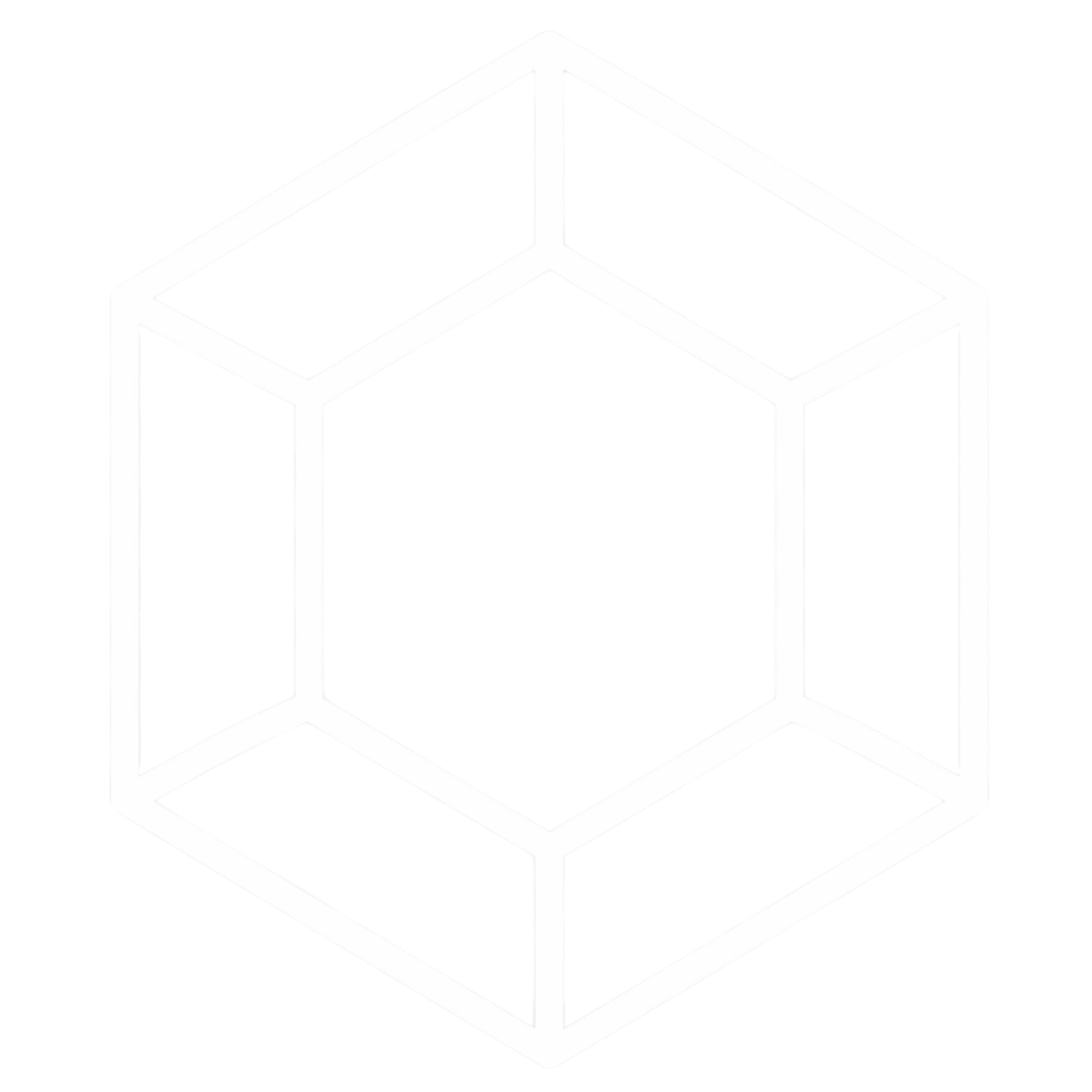 An isometric outline of a cube, with a hollow center and lines forming the edges.