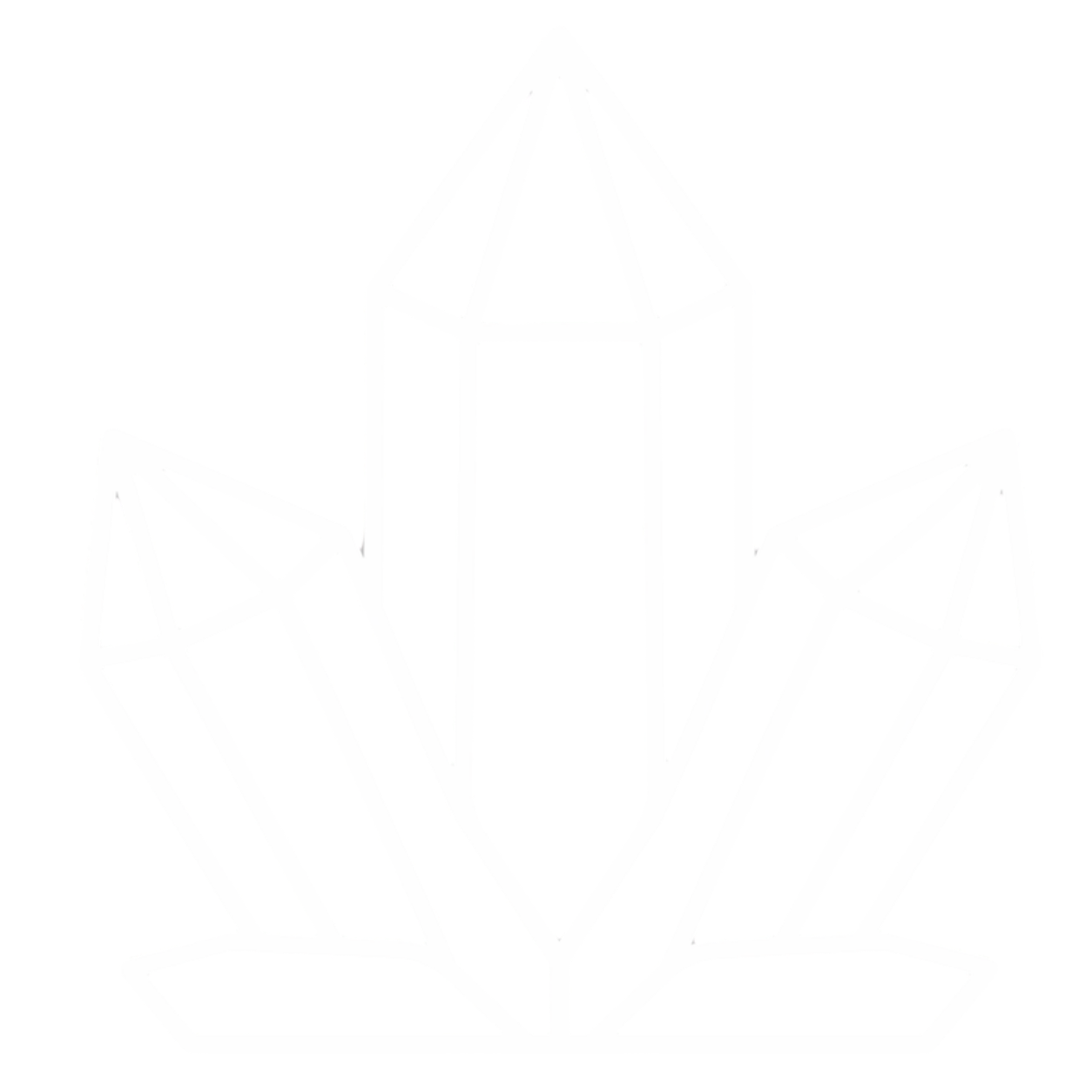 A white outline of a cluster of five crystals, with one large central crystal and four smaller surrounding crystals, on a black background.