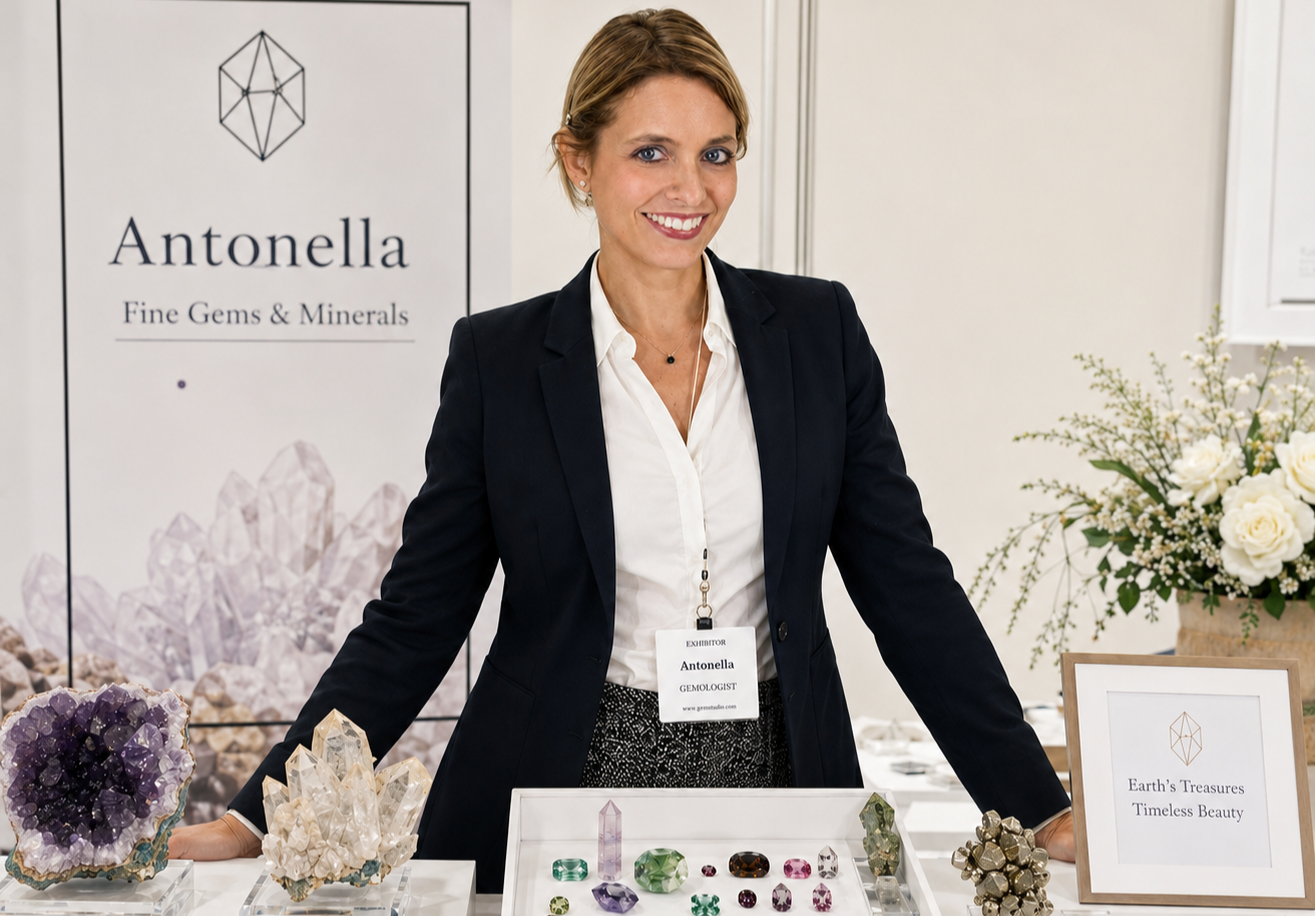 Antonella smiling at an exhibit booth of fine gems and minerals, with a sign reading 'Antonella' and 'Fine Gems & Minerals', standing behind a table displaying various colorful gemstones and mineral specimens.