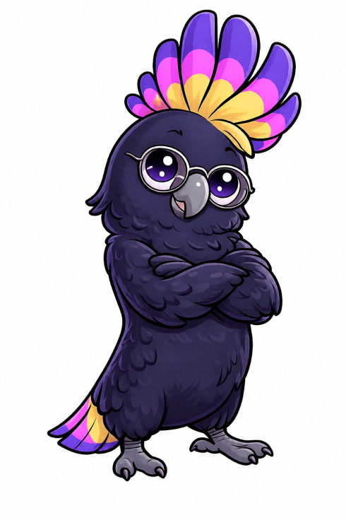 Tre parrot wearing round glasses with a colorful feathered crest on its head.
