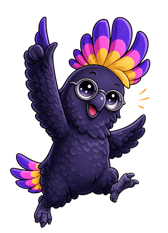 A cartoon purple bird wearing rainbow-colored feathers and round glasses, with one wing raised and a joyful expression.