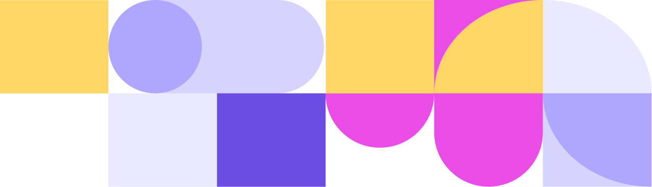Abstract geometric pattern with colorful circles, semicircles, and squares in yellow, purple, pink, black, and white.