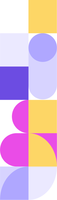 Abstract geometric pattern with black, yellow, lavender, purple, pink, and blue shapes including rectangles, circles, and ovals.