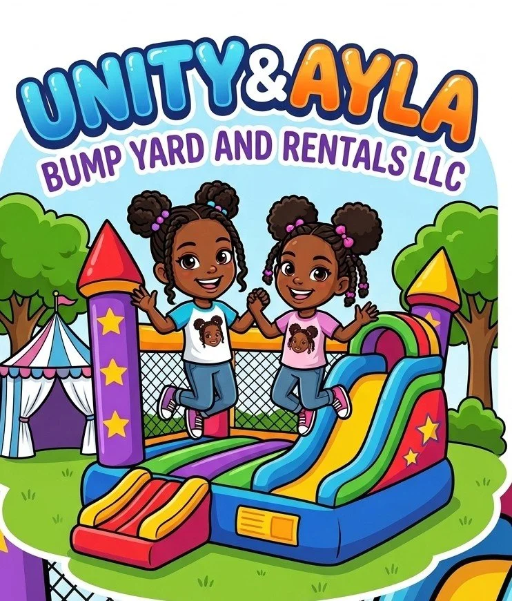 Two young girls with pigtails jumping on a colorful inflatable slide at a bounce house, with trees and tents in the background.
