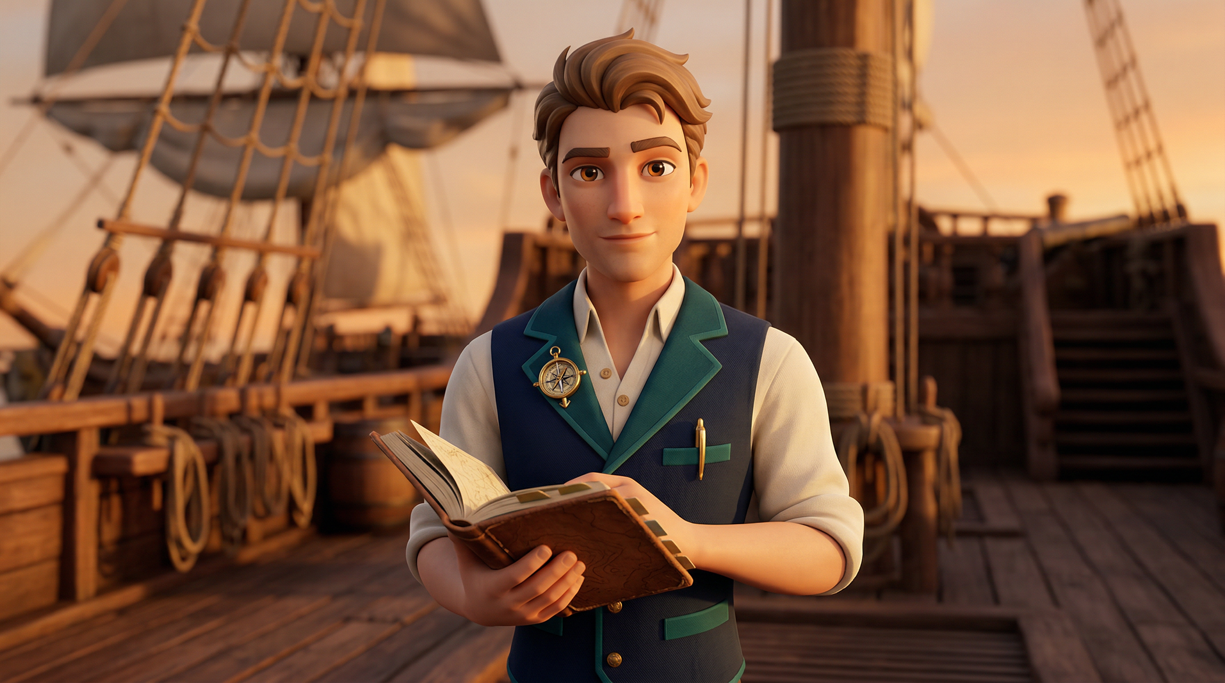 Animated young man with brown hair and a smile, holding an open map, standing on a wooden ship deck during sunset.
