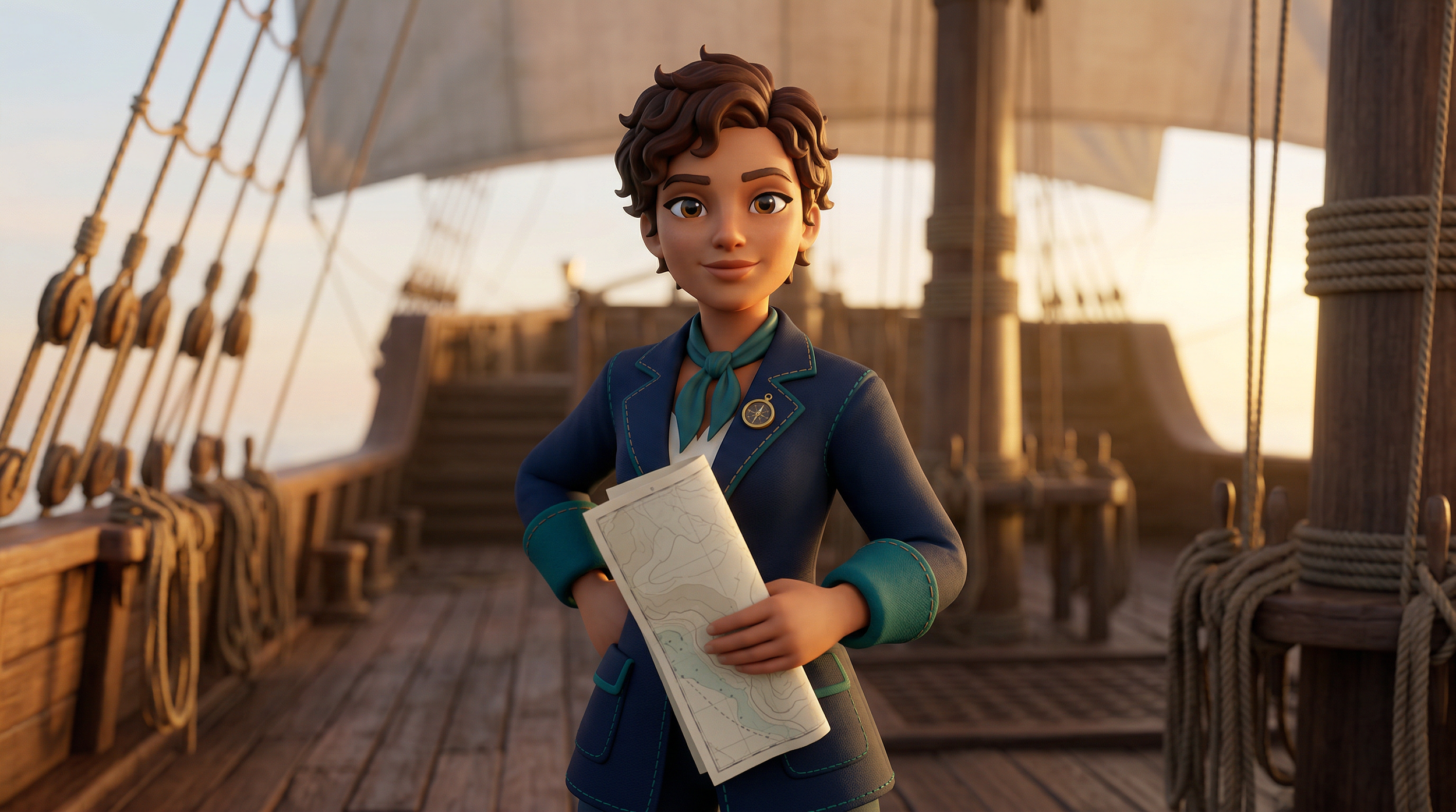 Animated woman with short curly hair holding a map on the deck of a wooden sailing ship at sunset.