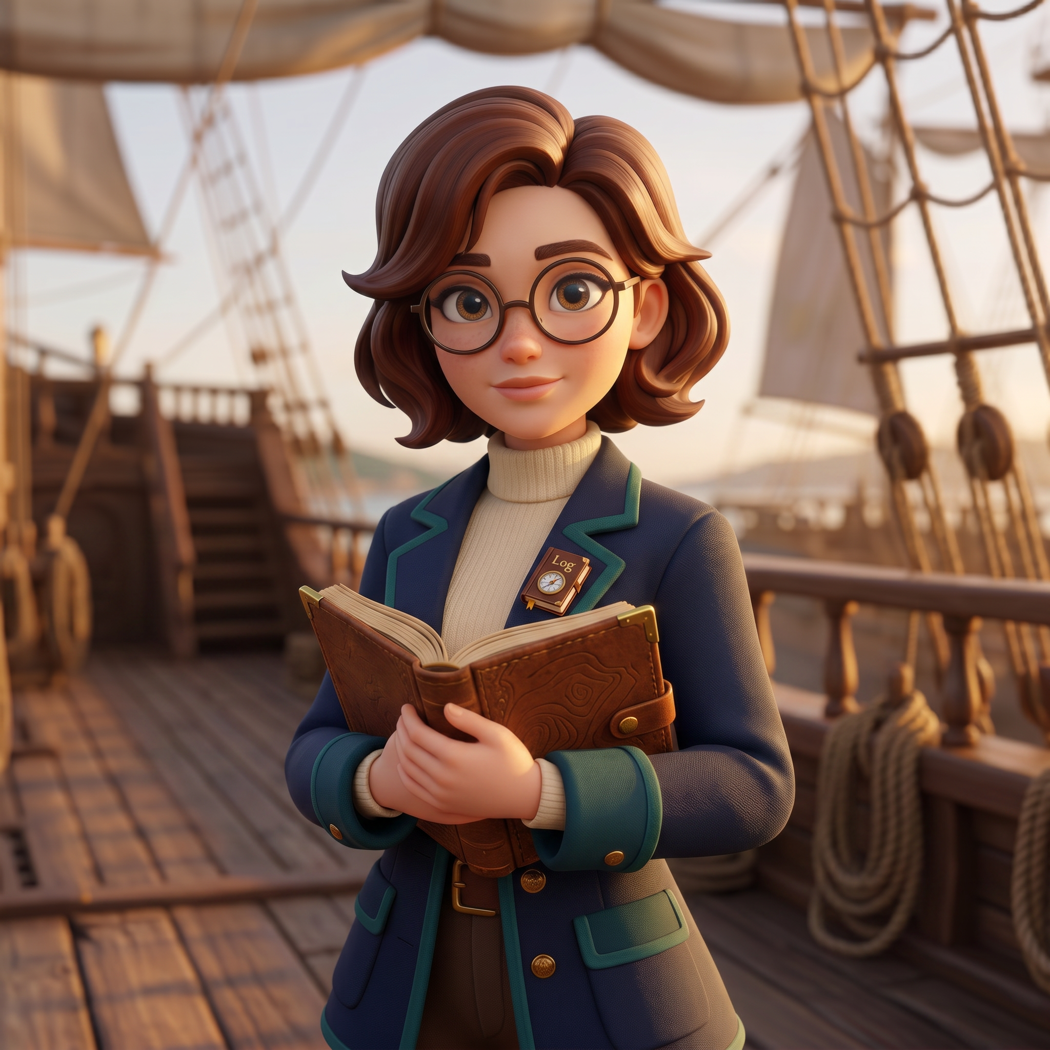 Animated female character with wavy brown hair, glasses, and a friendly expression, holding an open book while standing in front of a wooden ship's rigging and sails during sunset.