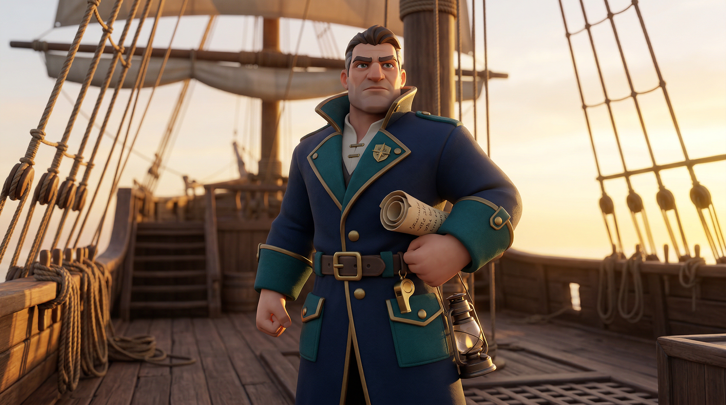 Animated sailor man standing on a ship's deck holding a rolled piece of paper, with ship's rigging and sails in the background, during sunset.
