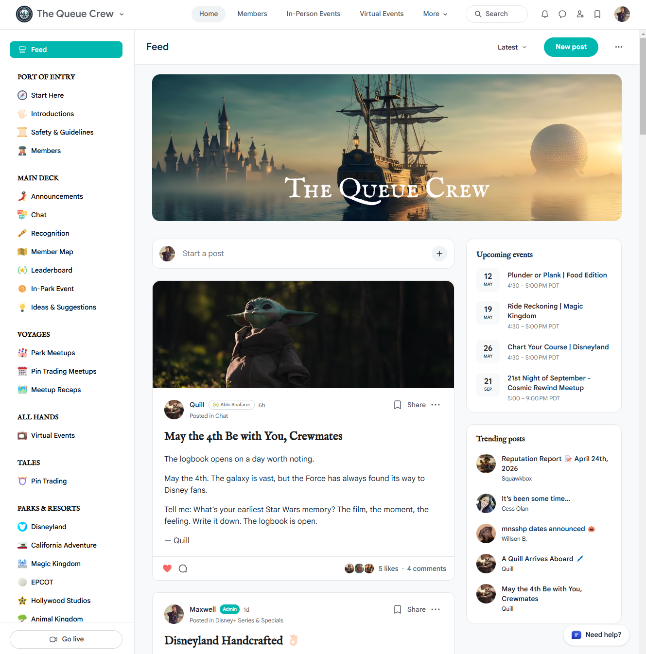 Screenshot of a Facebook-like webpage for "The Queue Crew" with a banner image of a castle and a ship at sunset, featuring the group's name.