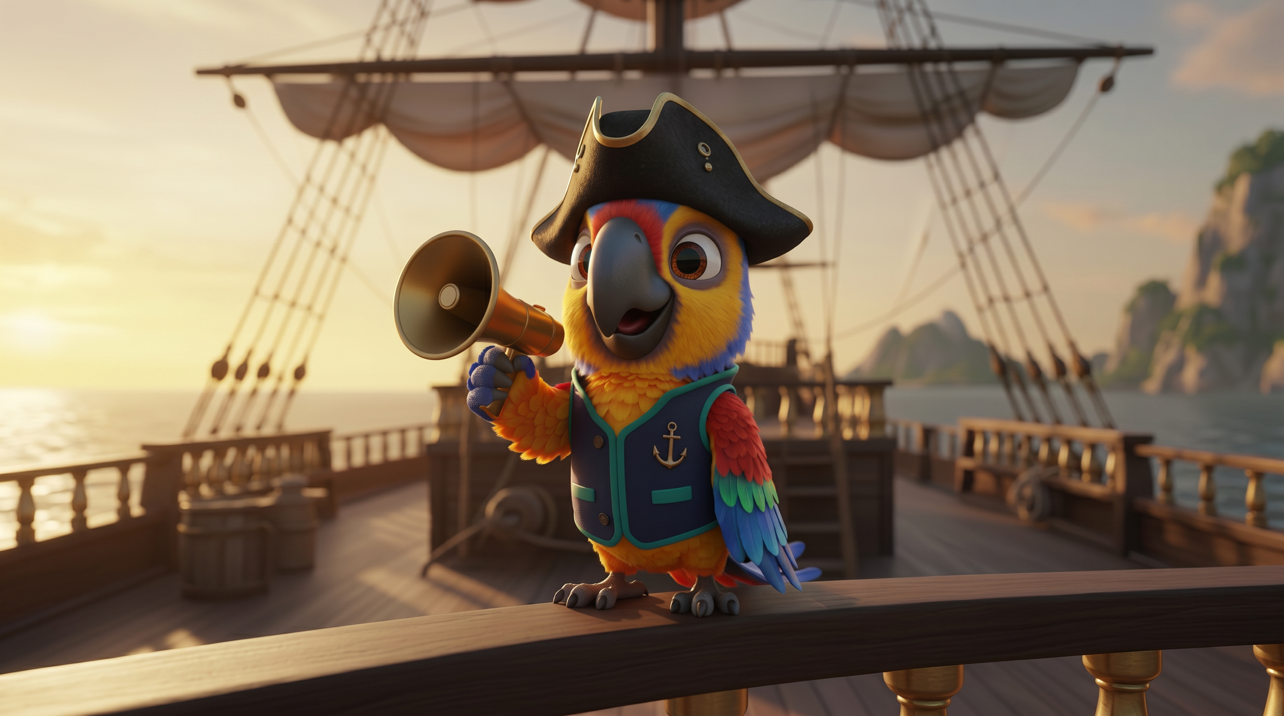 A colorful parrot pirate character wearing a black pirate hat with a gold trim and a navy blue vest with an anchor emblem, holding a megaphone, standing on the deck of a ship during sunset with a background of the sea and rocky islands.