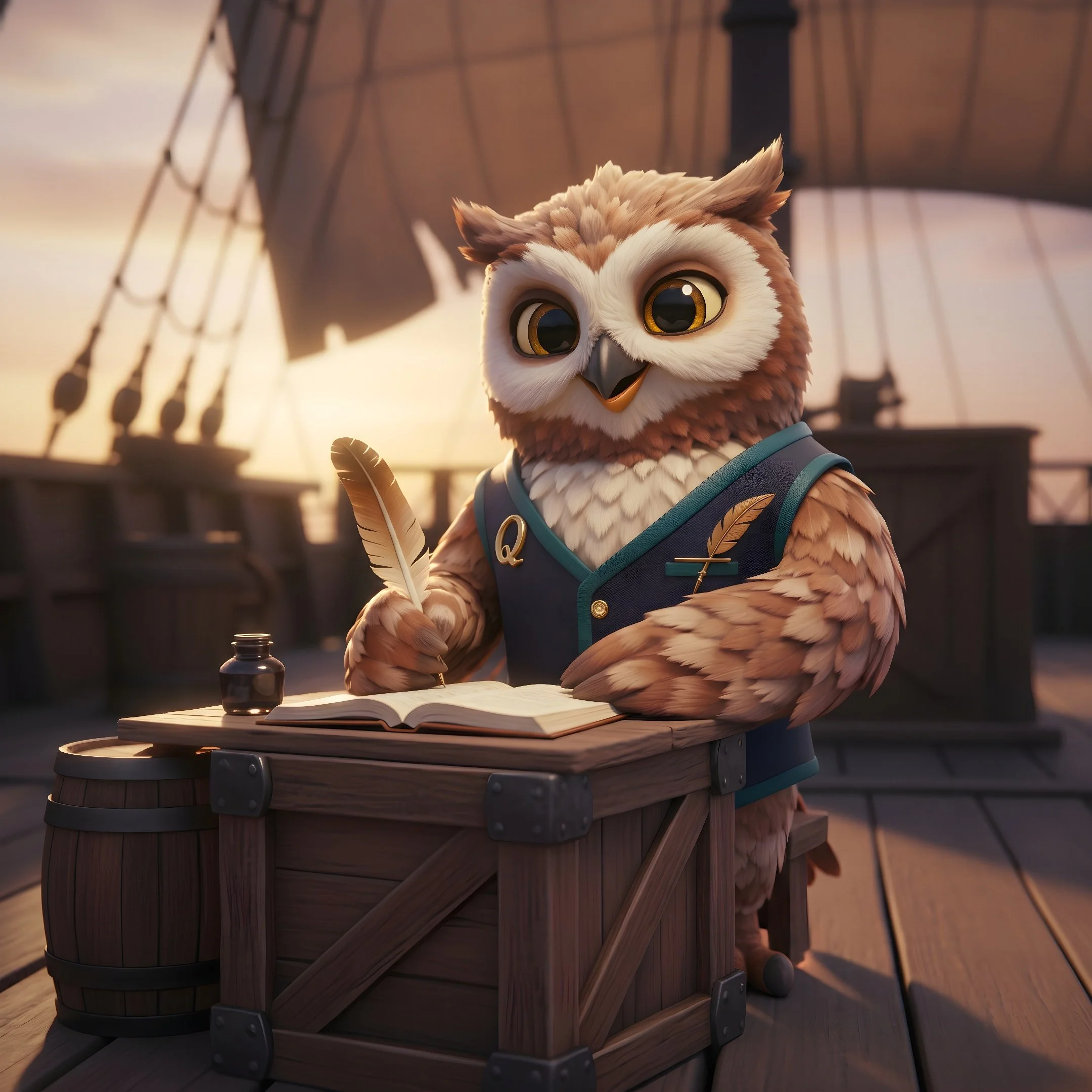 Animated owl character with large yellow eyes, perched on a desk with an open book and a bottle of ink, seen during sunset with a ship's rigging and sails in the background.