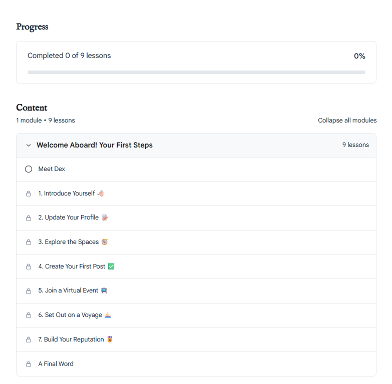 Course outline webpage showing a progress bar at 0% for 9 lessons, with a module titled 'Welcome Aboard! Your First Steps' containing nine lessons, including topics like introducing yourself, updating your profile, exploring spaces, creating your first post, joining a virtual event, setting out on a voyage, building your reputation, and a final word.