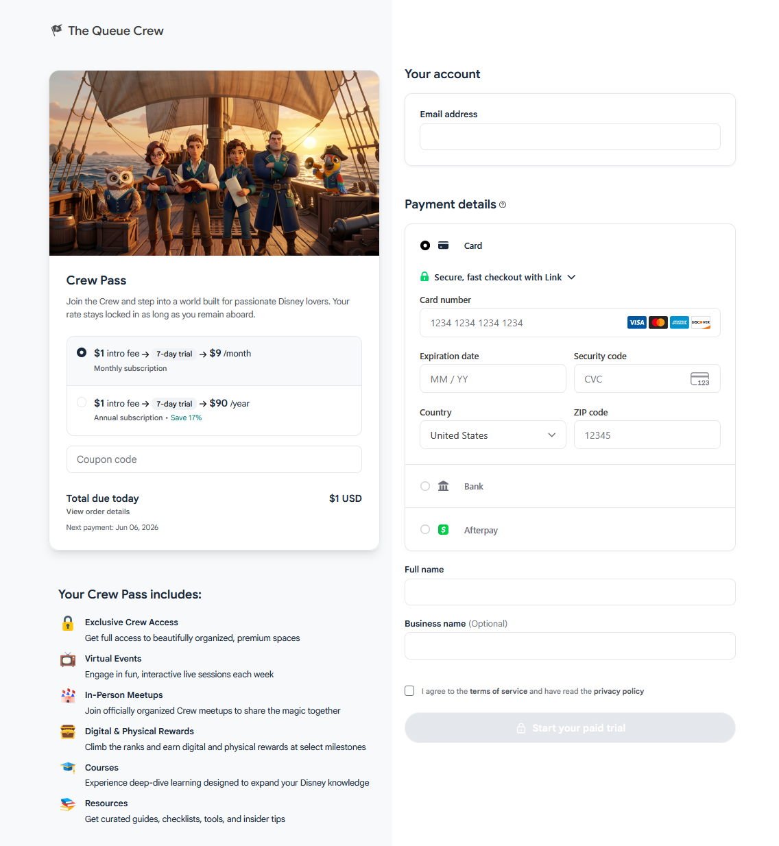 A website checkout page for a Disney fan community membership, showing options for a crew pass subscription, payment details, and a background image of a ship sailing on water with a city skyline in the distance.