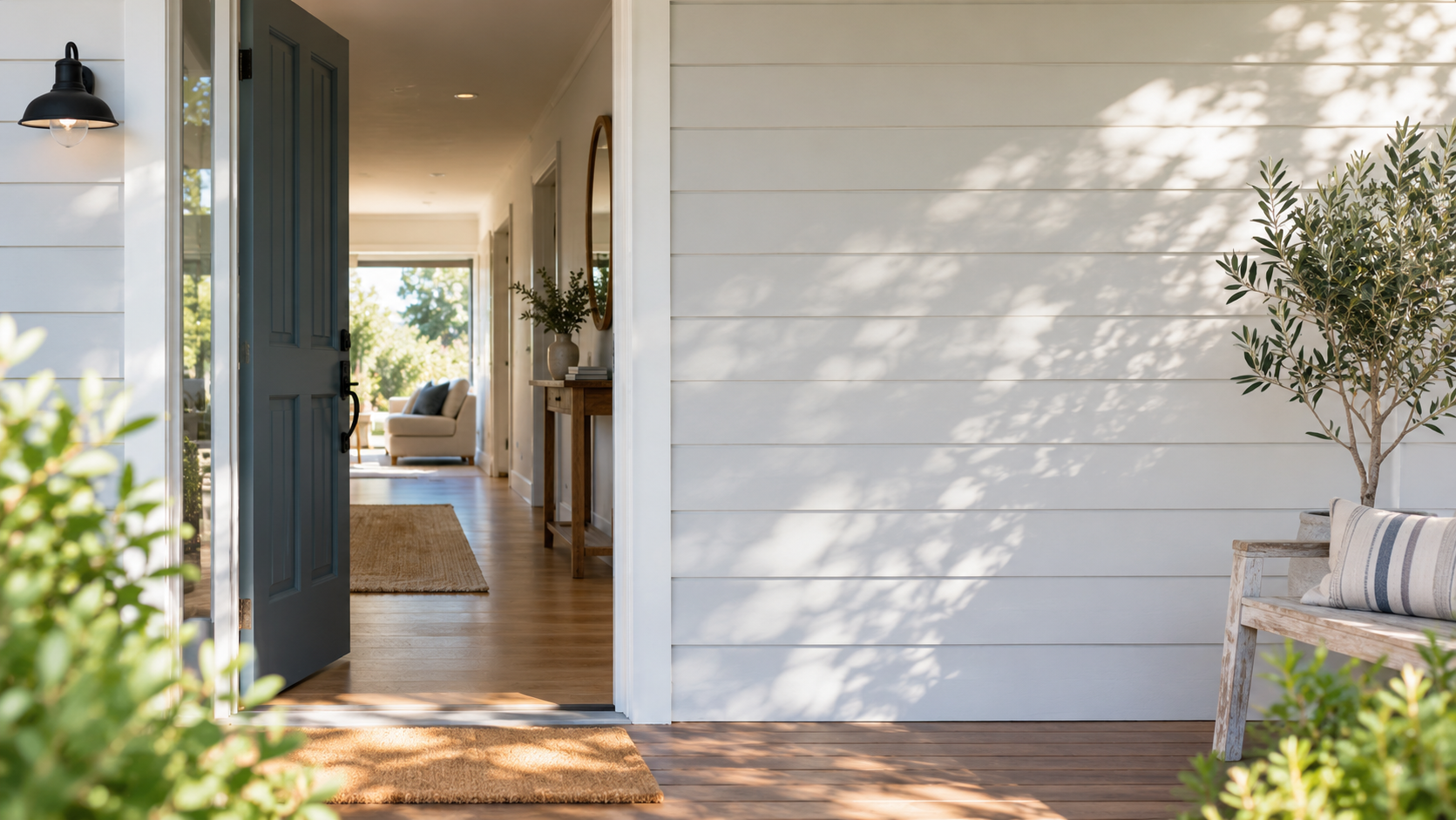 Freshly painted home entrance with white exterior weatherboards.