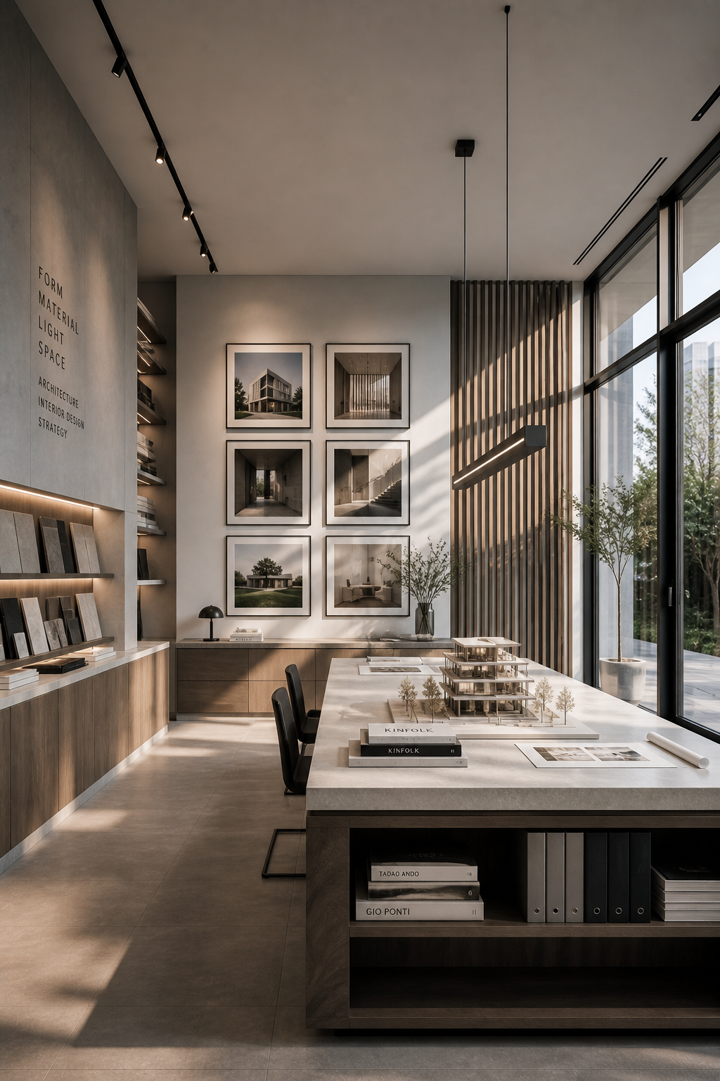 Modern interior design office with large windows, framed architectural photographs on the wall, shelves with material samples, and a central table with architectural models and books.