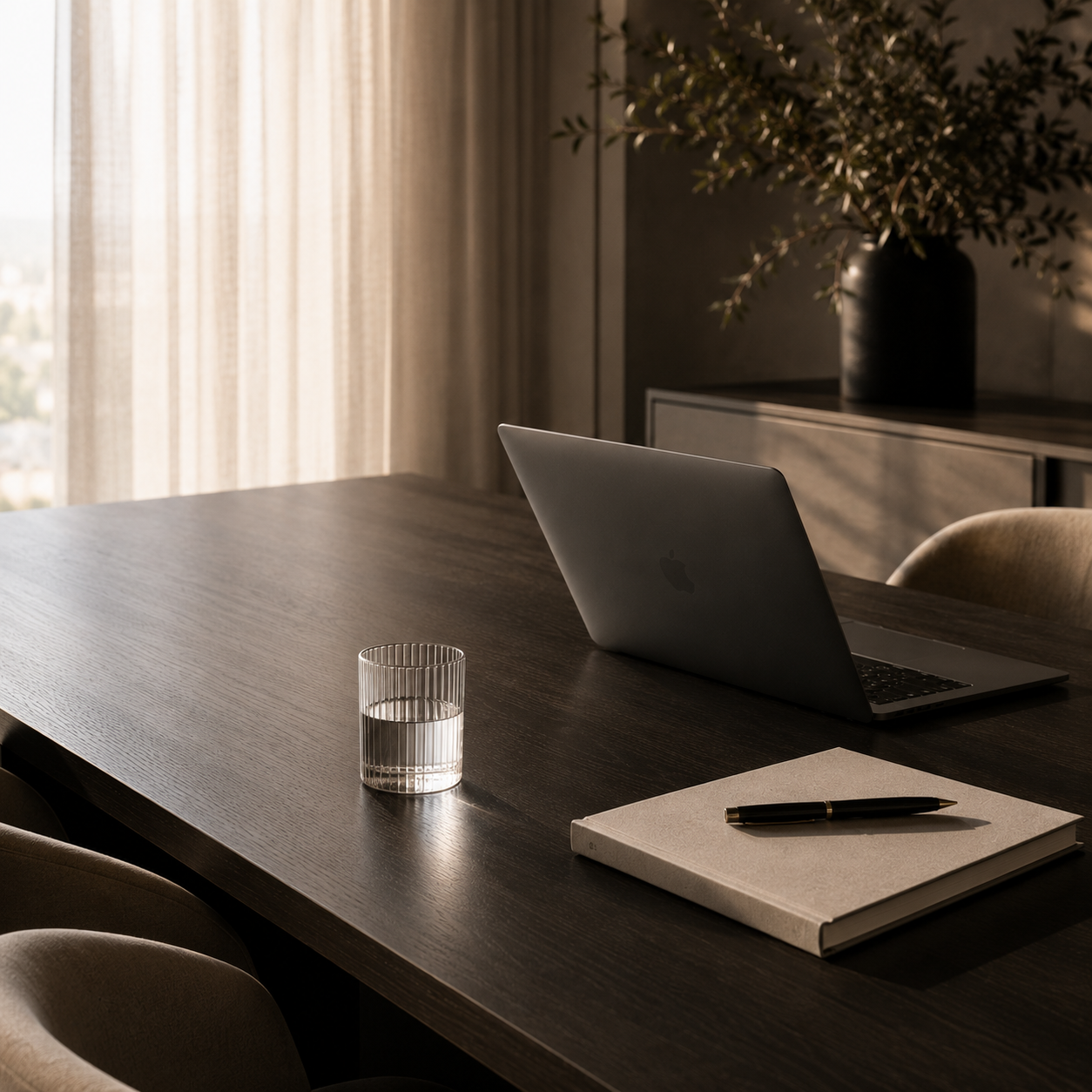A modern workspace with a wooden table, an Apple MacBook, a notebook, a pen, a glass of water, and a tall black vase with green foliage in the background, near a window with sheer curtains.