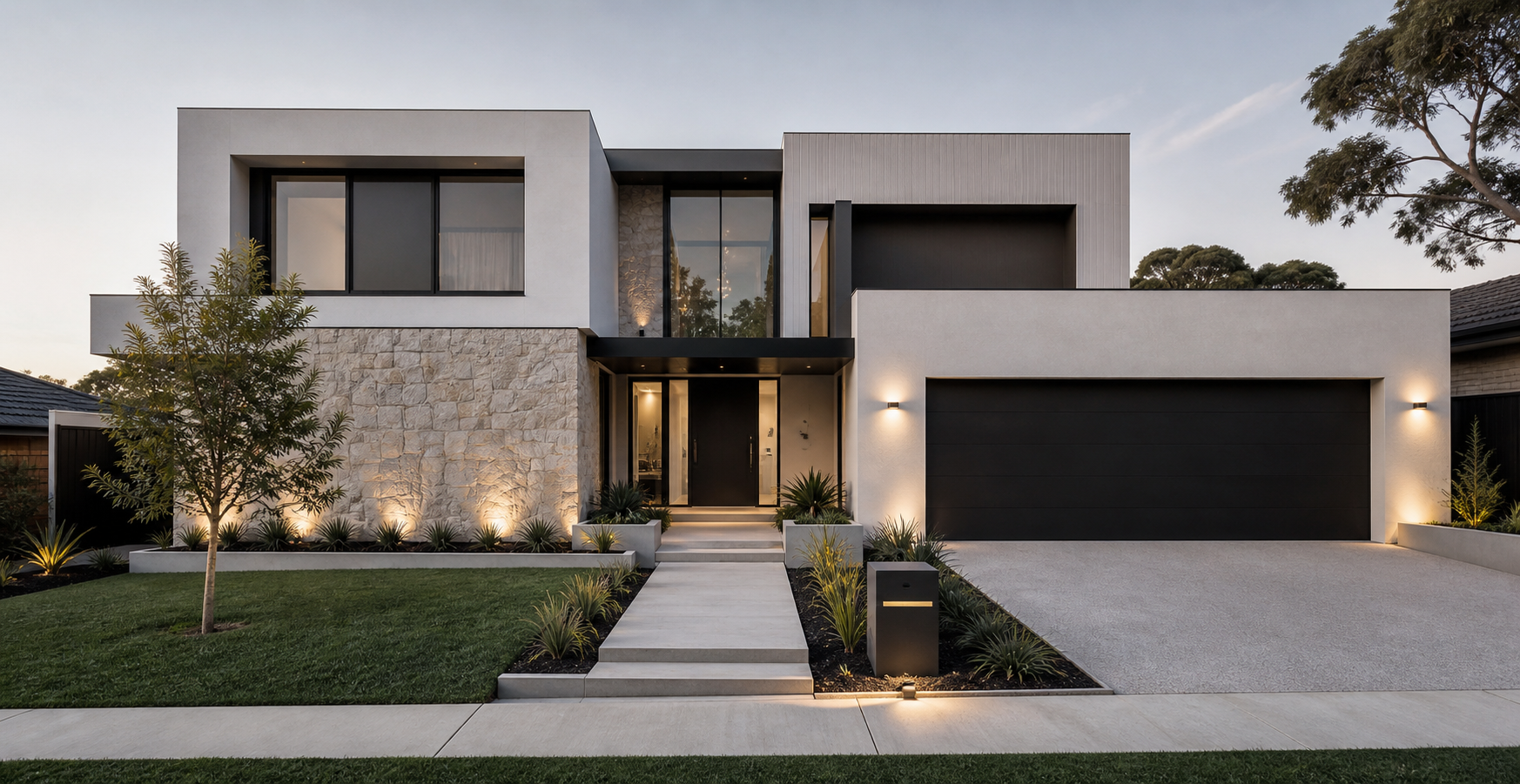 Modern two-story house with a stone and white facade, black garage door, landscaped front yard with a tree, plants, and pathway with lighting.