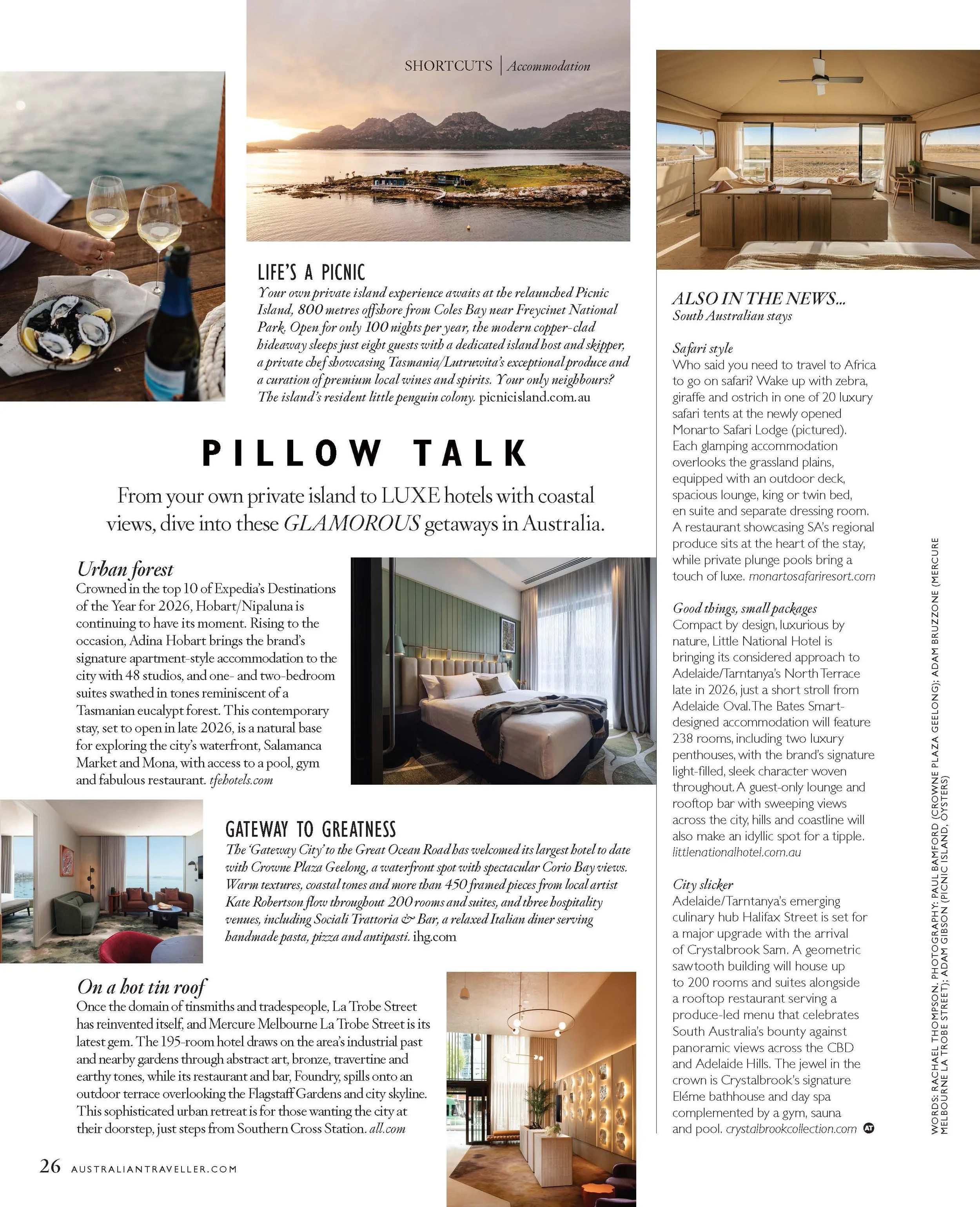 A magazine page with articles and images about Australian travel and hotels. Includes a landscape photo of a coastal island at sunset, interior shots of hotel rooms and lounges, and images of dining and resort scenes.