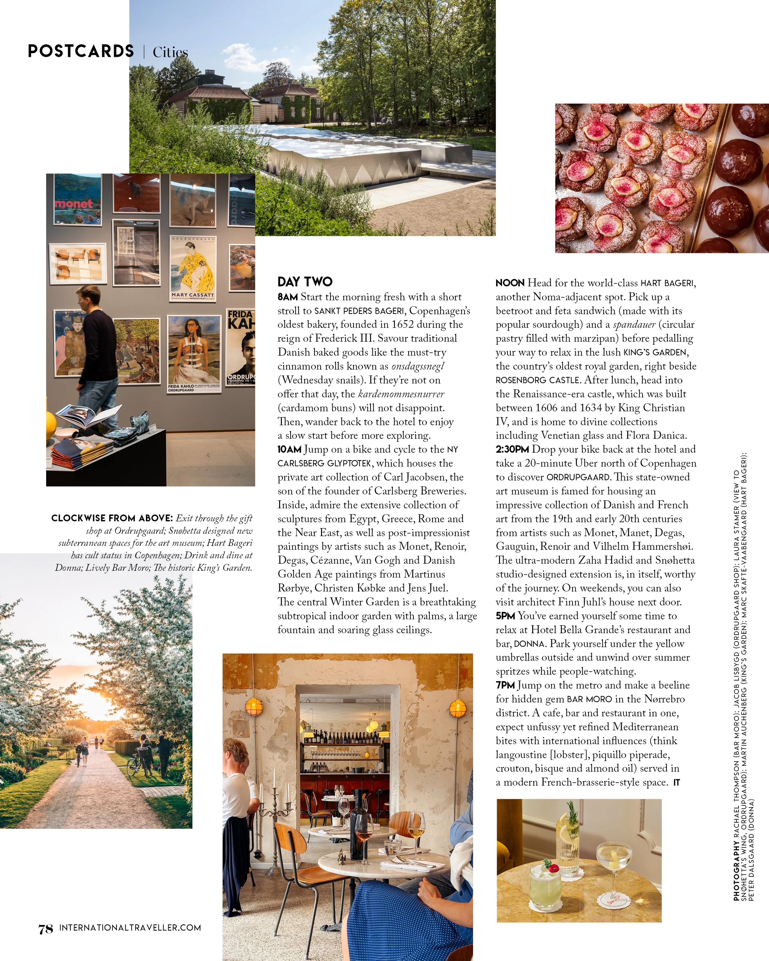 A collage of images including a park with people riding bikes at sunset, an interior bar with glasses and bottles, a table with cocktails, a wall of art posters, a modern outdoor sculpture, and an indoor cafe with patrons.