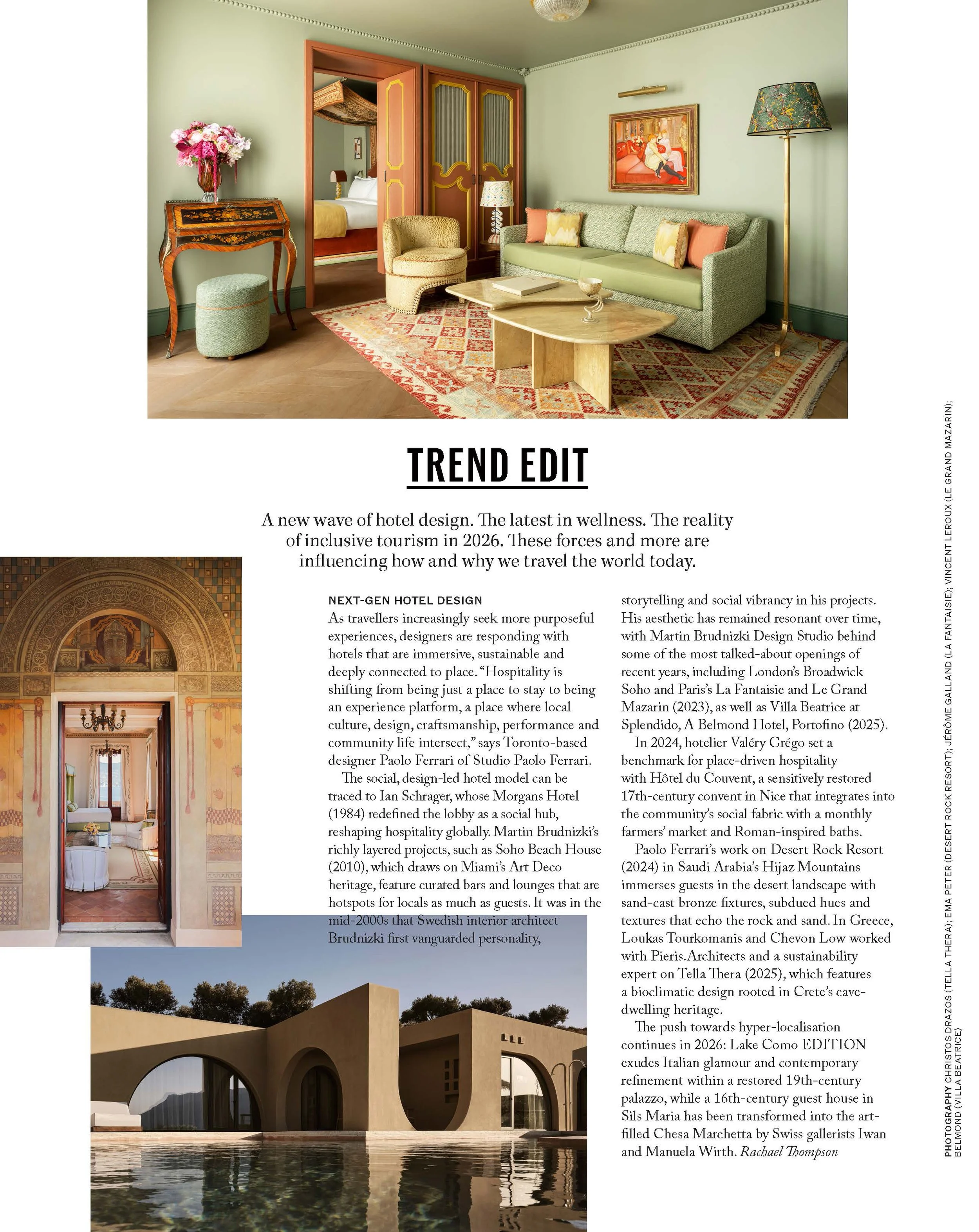Interior design magazine page showcasing a living room with pastel green walls, vintage furniture, and artwork, with a separate image of a modern house exterior featuring arches and trees.