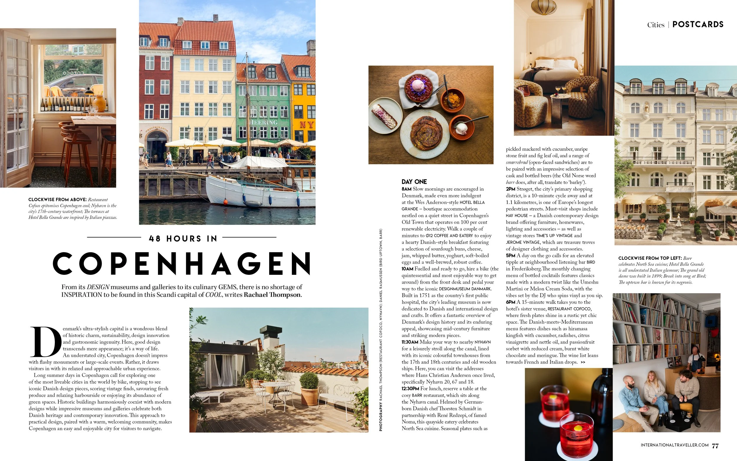 Postcard collage depicting Copenhagen scenes including colorful buildings, a waterfront with boats, cozy cafes, and interior shots of cafes and shops.