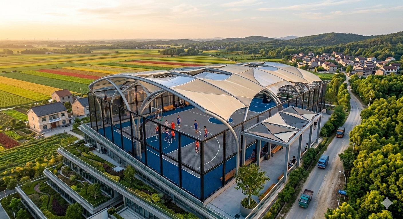 A rooftop sports facility with an enclosed basketball court and seating area, surrounded by greenery and a rural landscape at sunset.