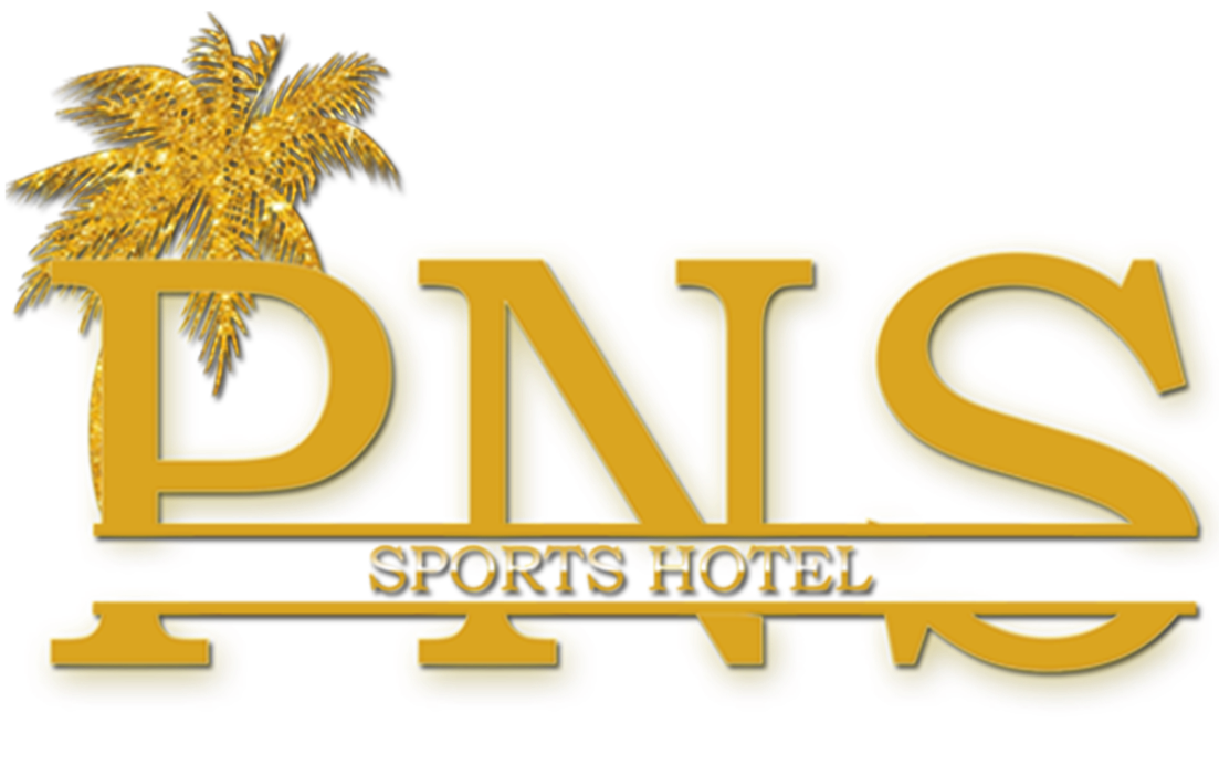 Gold logo for DNAS Sports Hotel with palm trees in the background.