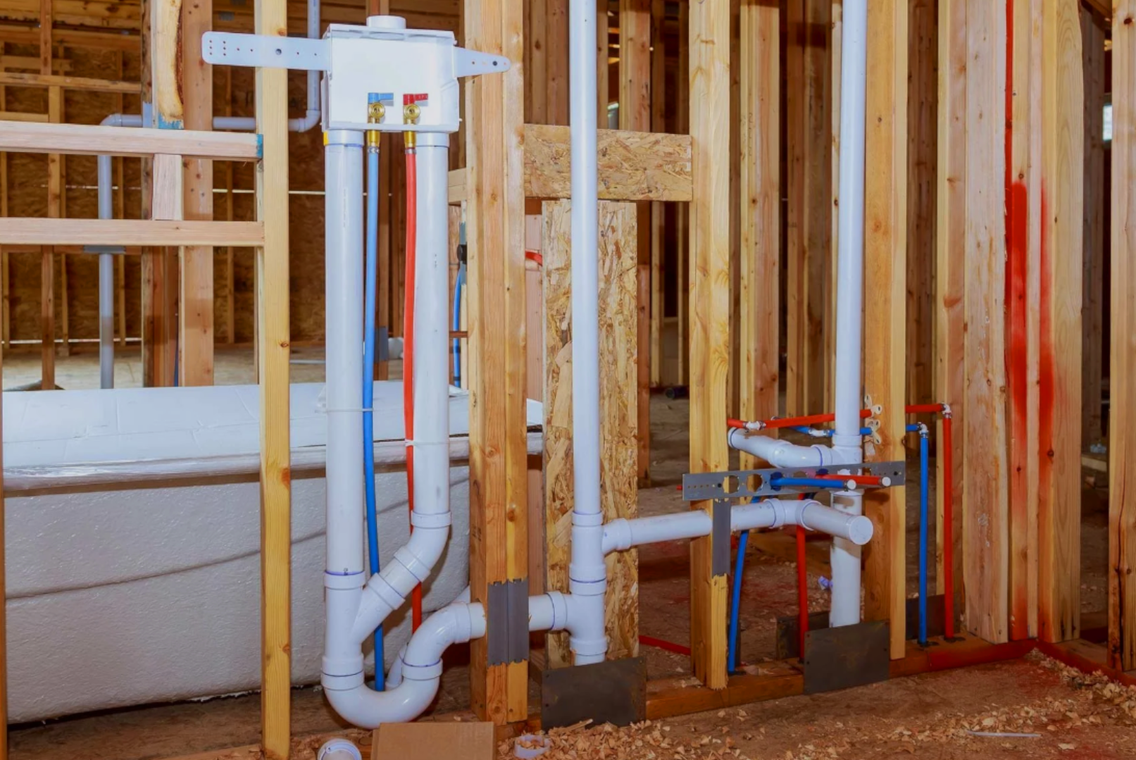 Plumbing pipes and fittings in the walls of a house under construction.