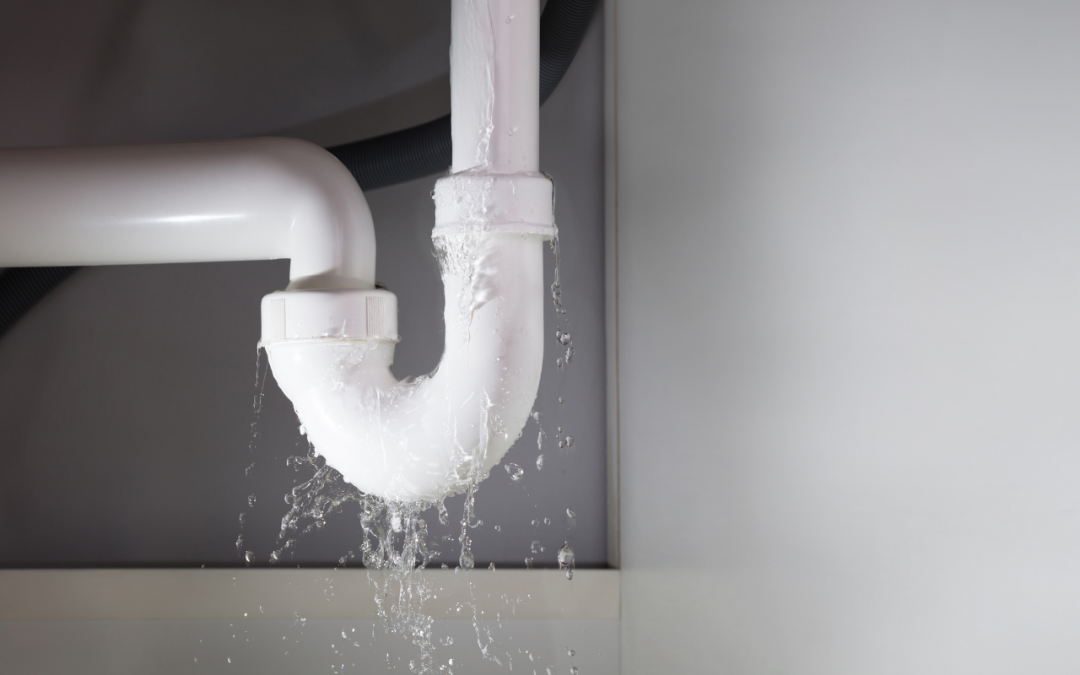 Leaking white PVC pipe with water dripping from it under a sink.