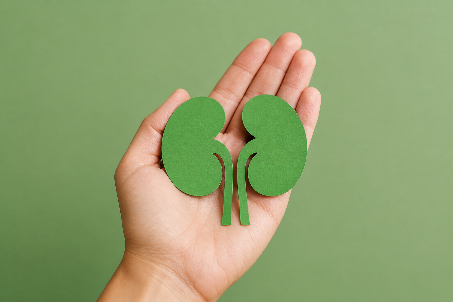 A person's hand holding a paper cutout of a kidney against a green background.