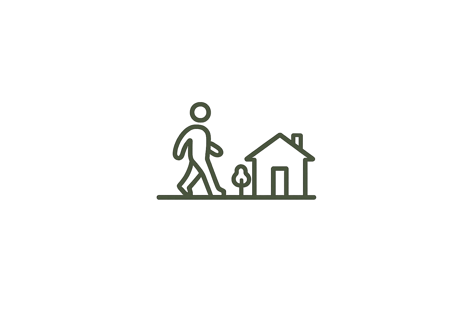 Simple line drawing of a person walking with a cane towards a house, with a small tree beside the house.