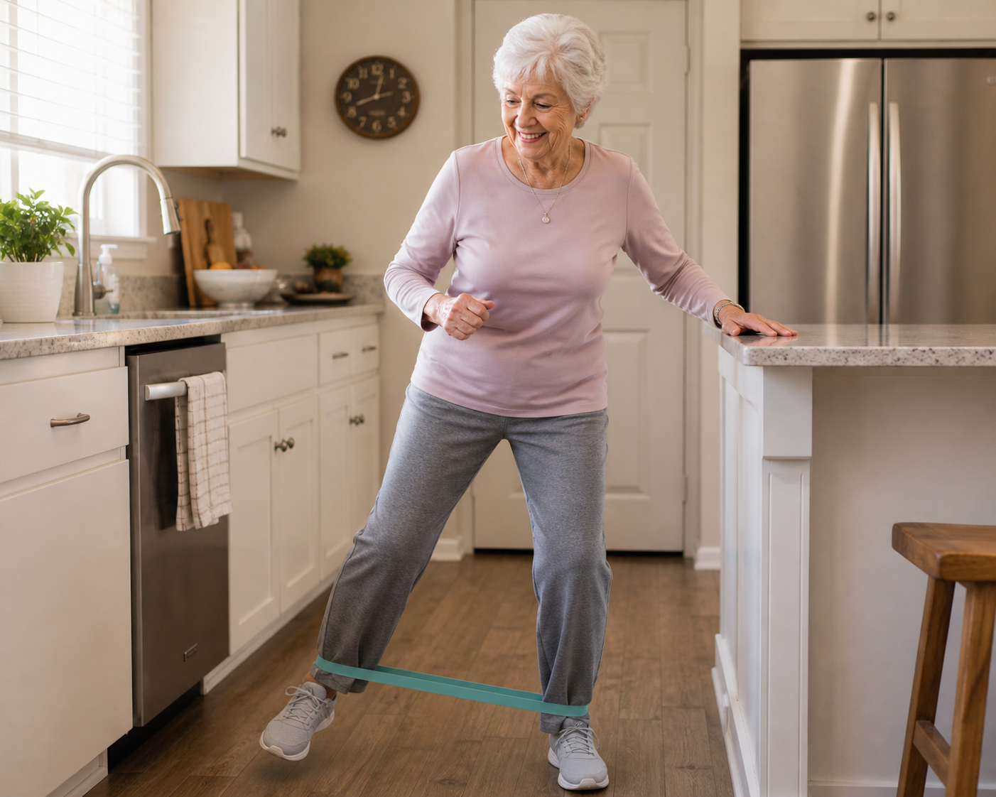 An elderly woman performing hip strength exercises for strength and balance