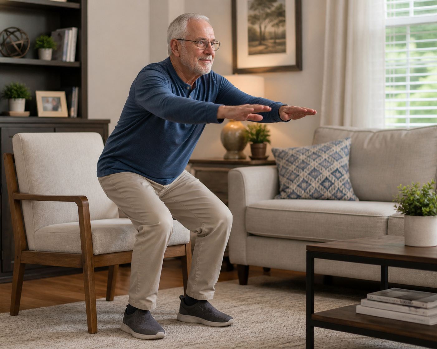 An elderly man doing squats as part of a strength and balance program in a living room on the Sunshine Coast