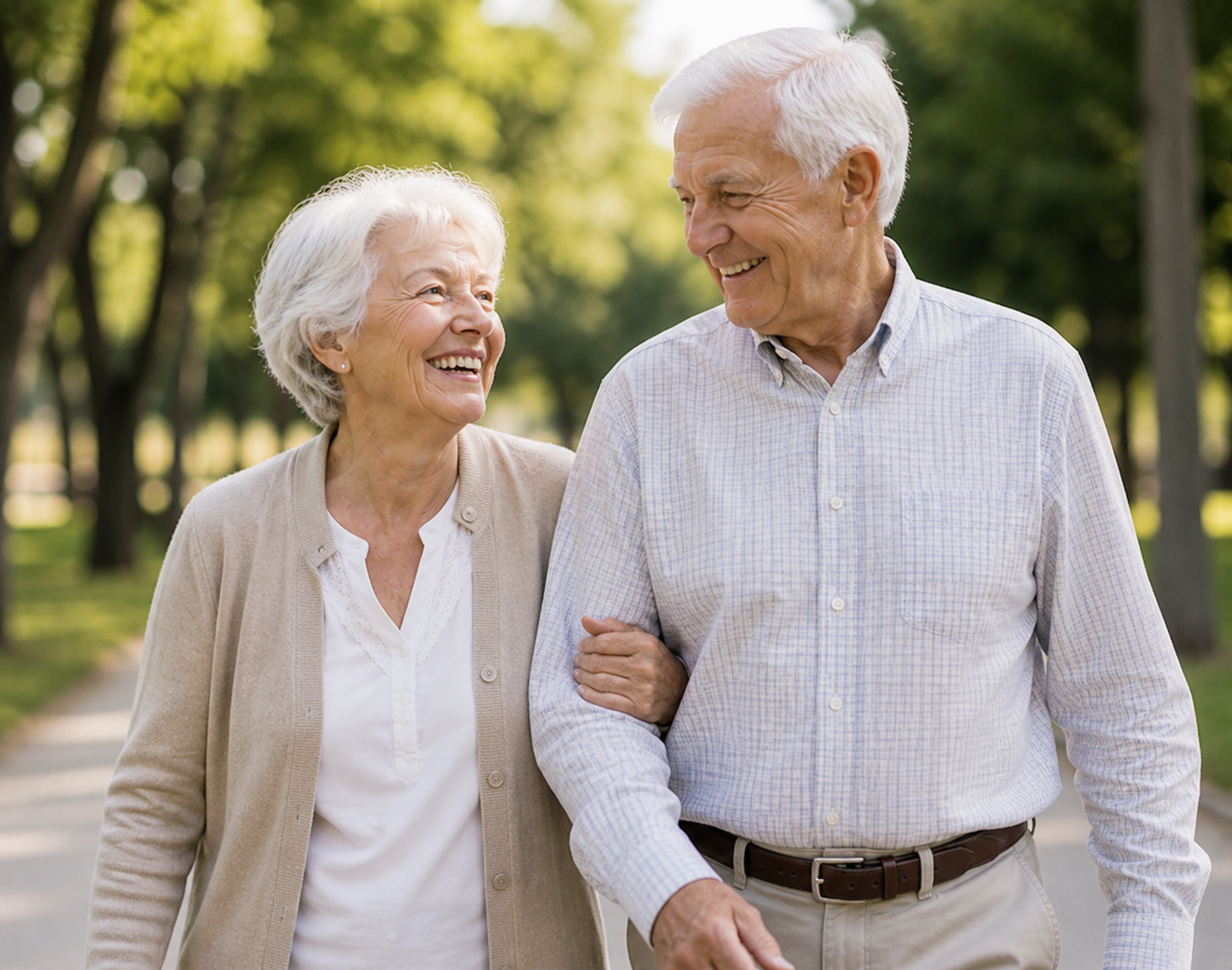 An elderly couple walking in a park in Noosa, after strength and balance session.