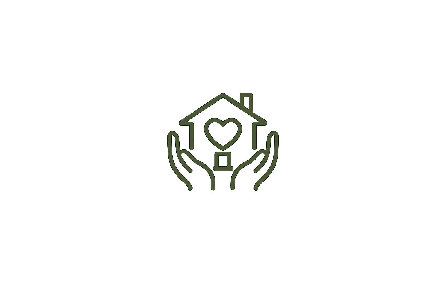 Outline of a house with a heart inside, cradled by two hands.