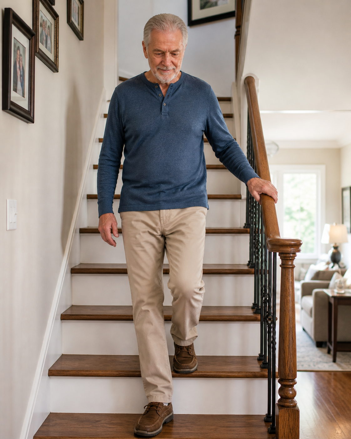 Older adult practicing stair safety with mobile physio in a Sunshine Coast home.