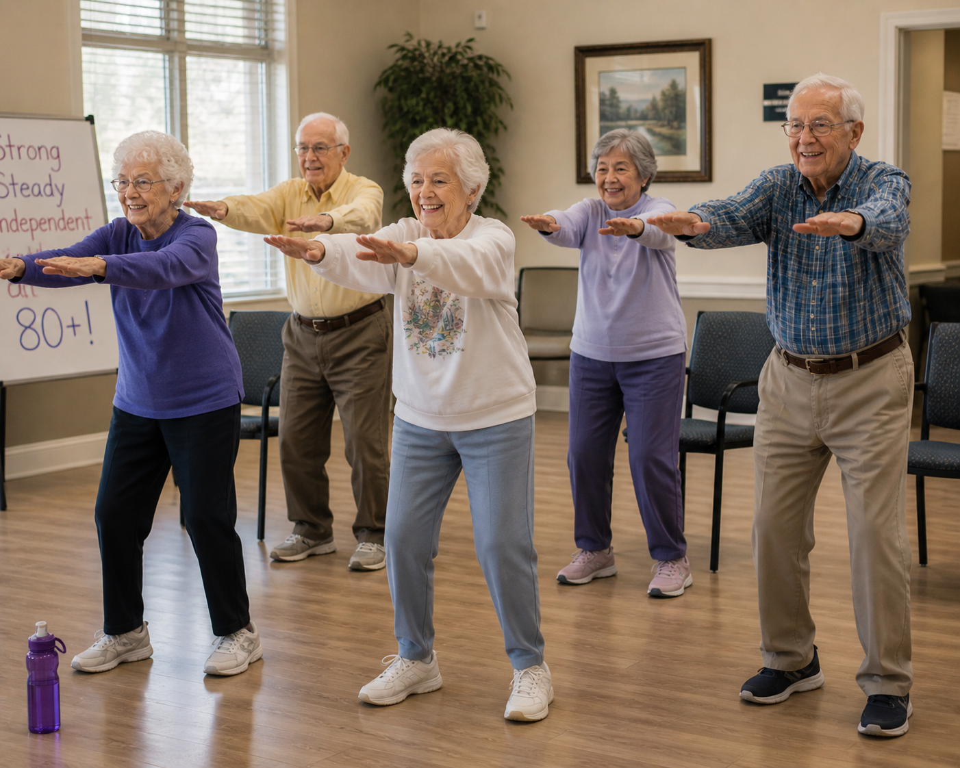 Senior adults participating in a strength and balance class to reduce falls risk