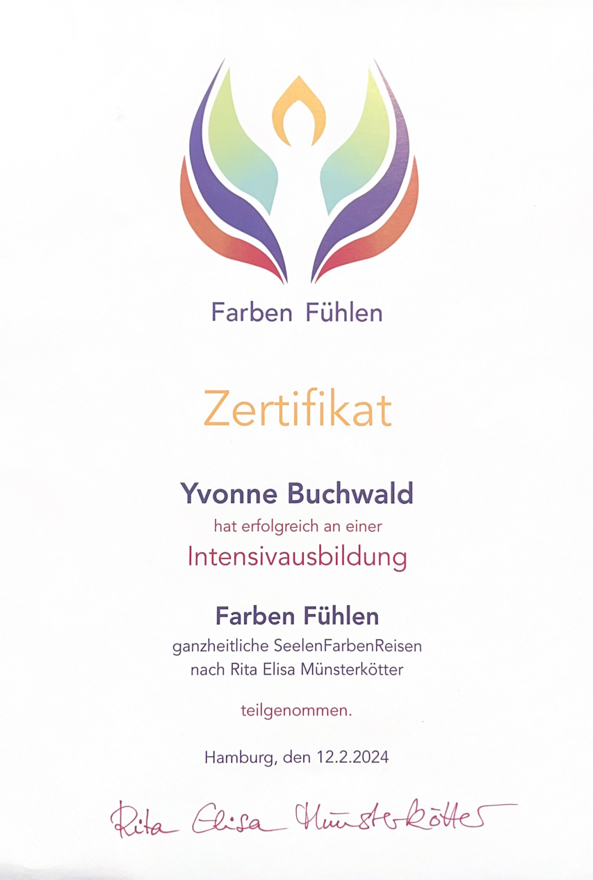 Zertifikat für die Teilnahme an einer Ganzheitliche SeelenFarbenReisen nach Rita Elisa Münsterkötter, ausgestellt am 12.2.2024 in Hamburg, mit einem bunten Logo und dem Titel "Farben Fühlen".