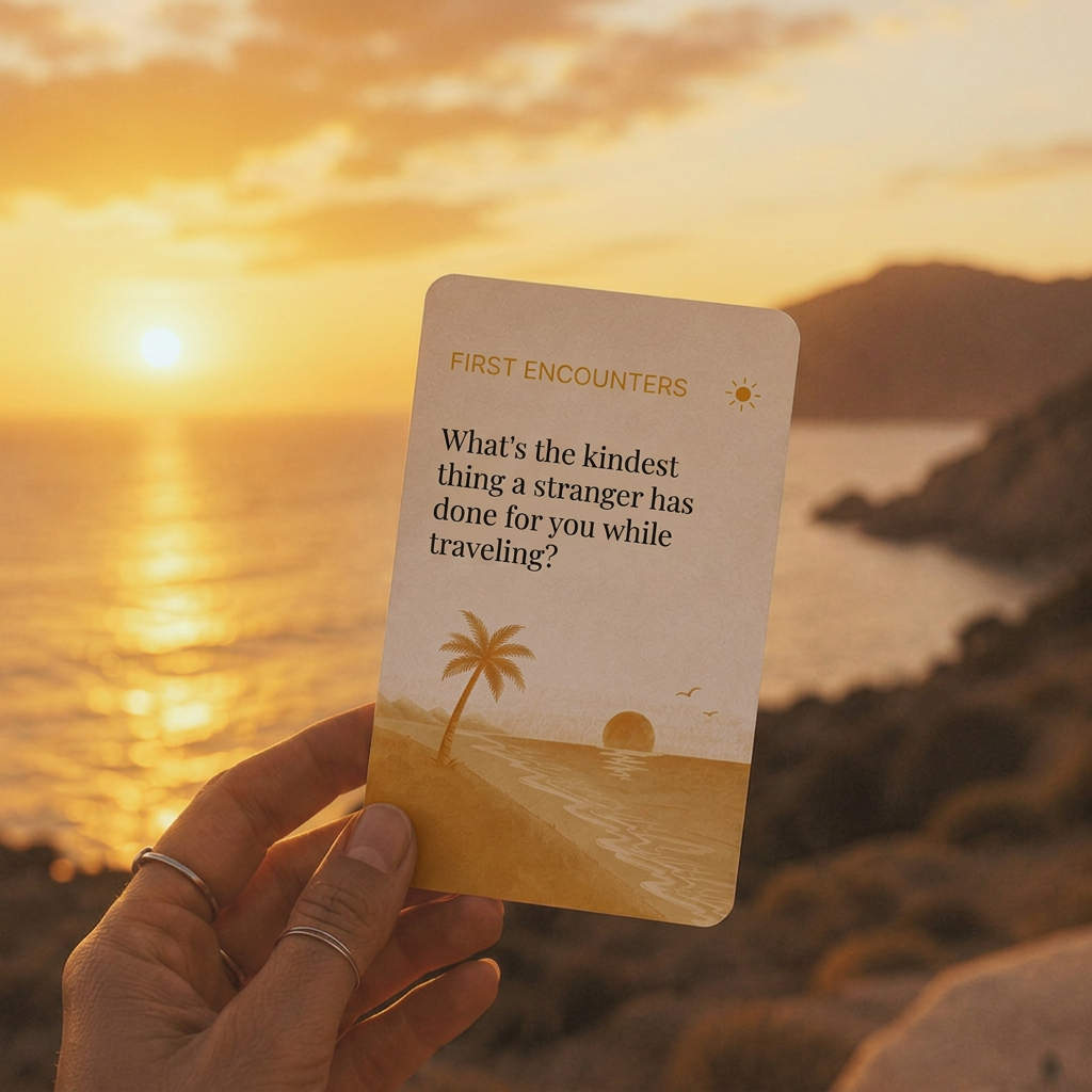 person holding travel conversation card at sunset on the coastline