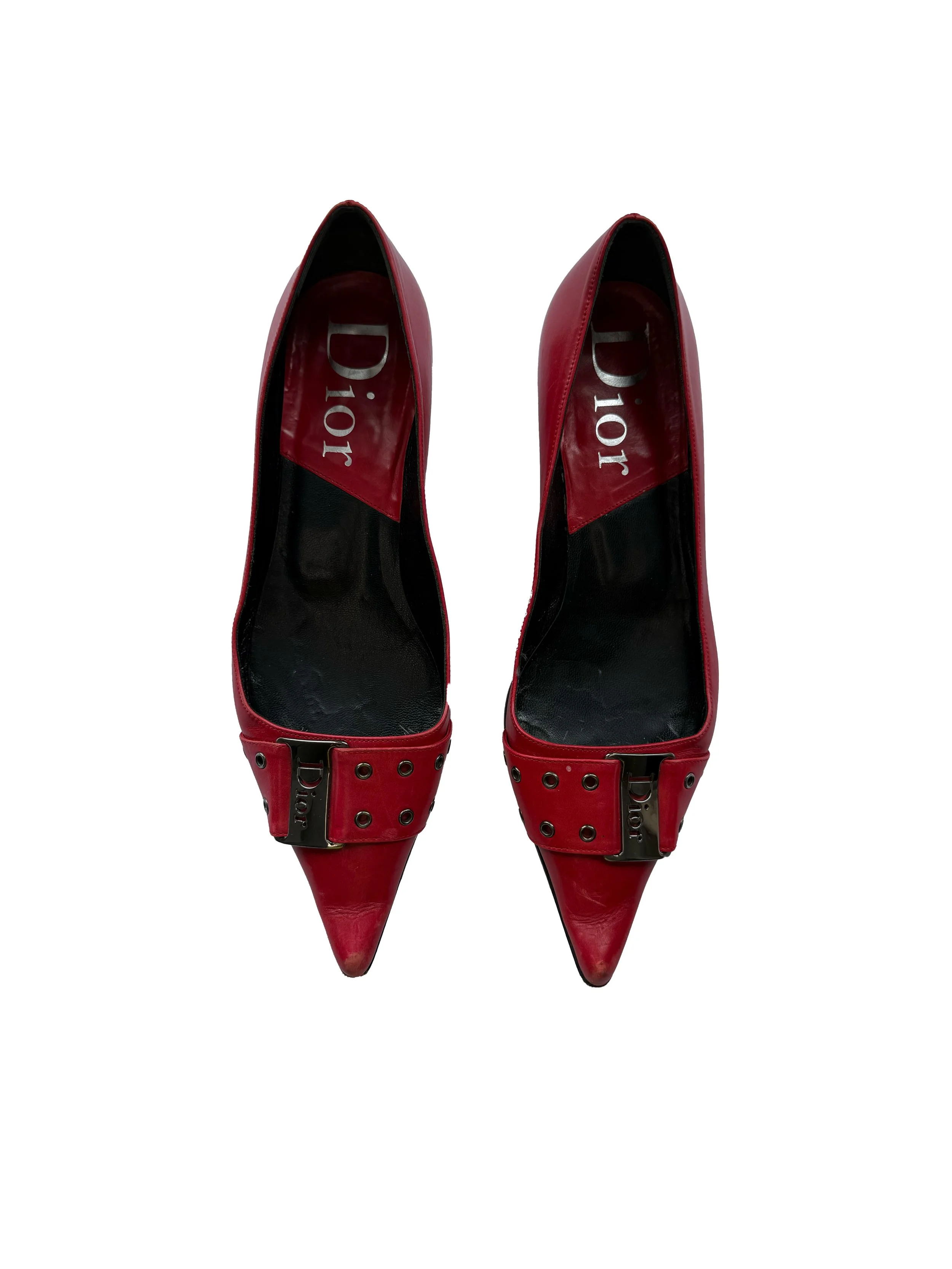 Dior red leather logo-buckle flats