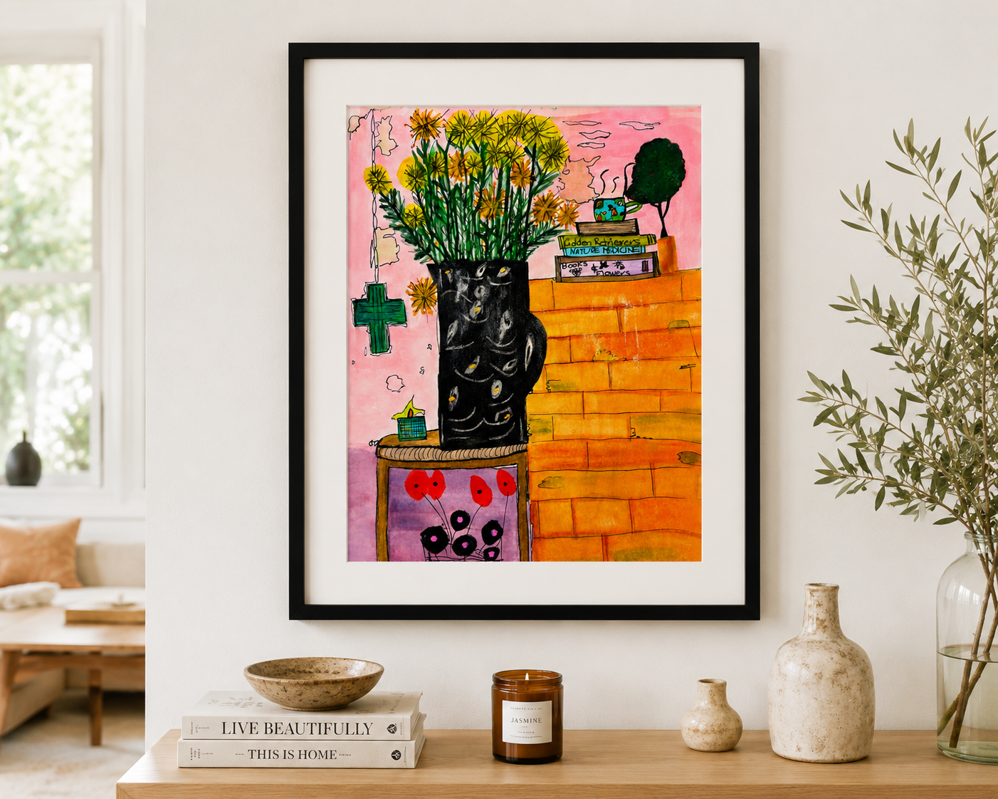Framed Floral Art Above a Cozy Console.png