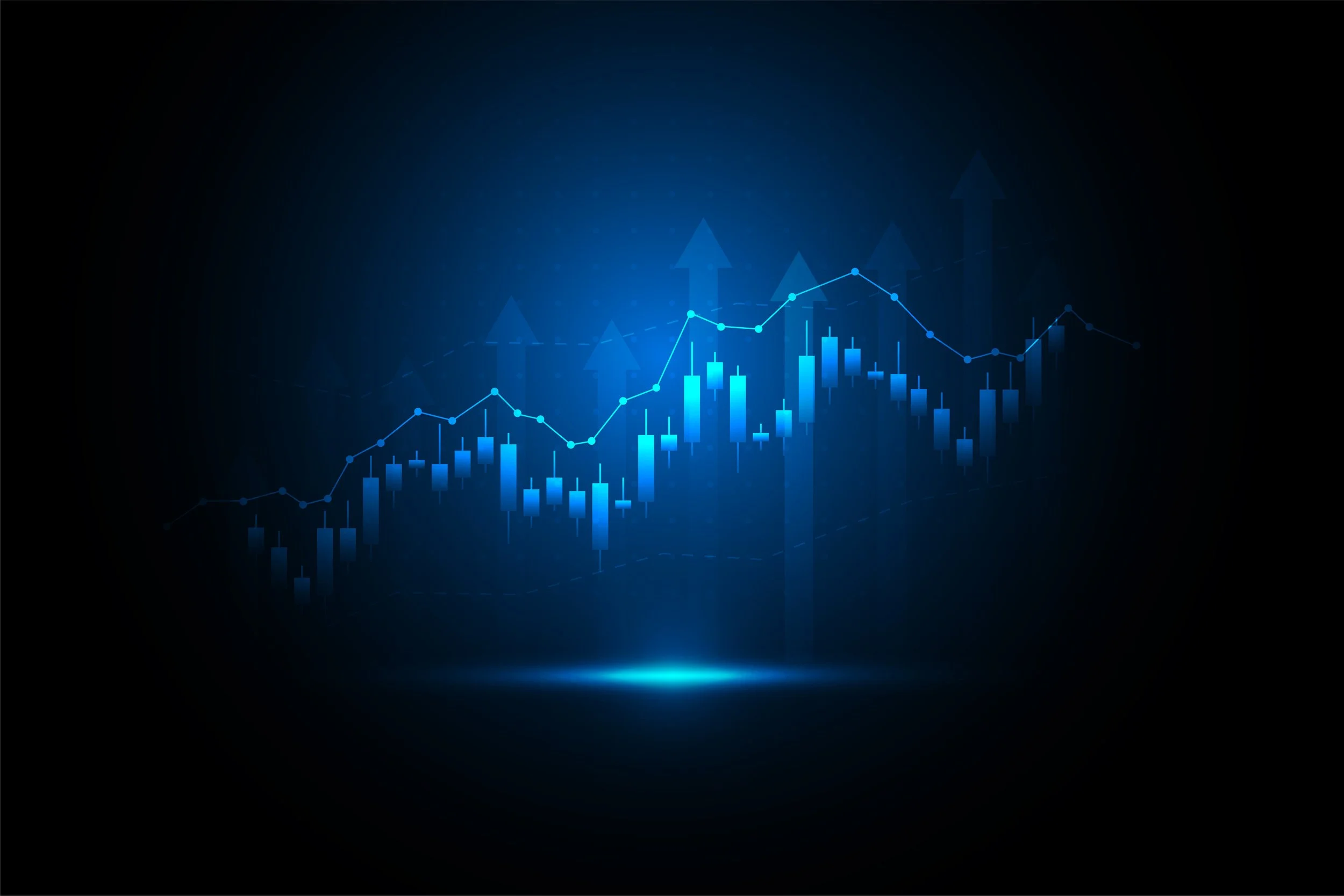 Digital financial chart with glowing blue candlesticks and line graph on dark background, indicating stock market or data analysis.